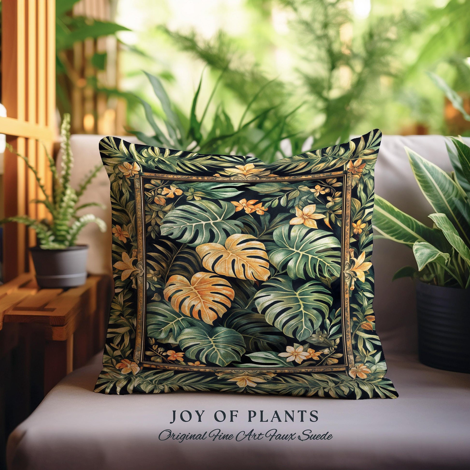 Floral Foliage Woven Monstera Pillow | Whimsical Cottagecore Charm Jungle Vibes Forestcore Woven Throw Pillow Enchanted Houseplant Lover |