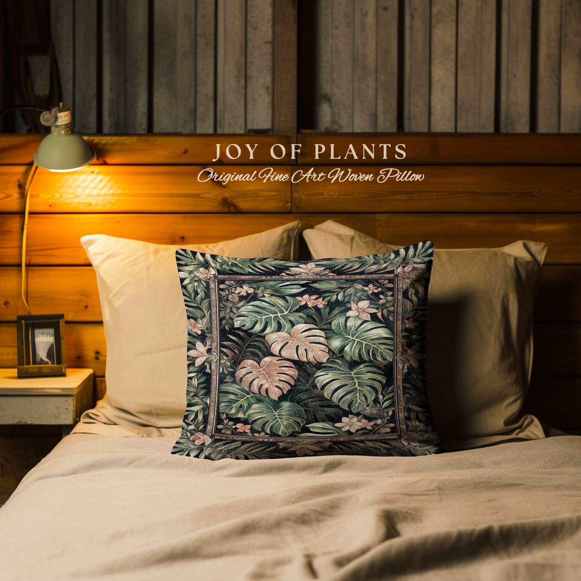 Floral Foliage Woven Monstera Pillow | Whimsical Cottagecore Charm Jungle Vibes Forestcore Woven Throw Pillow Enchanted Houseplant Lover |