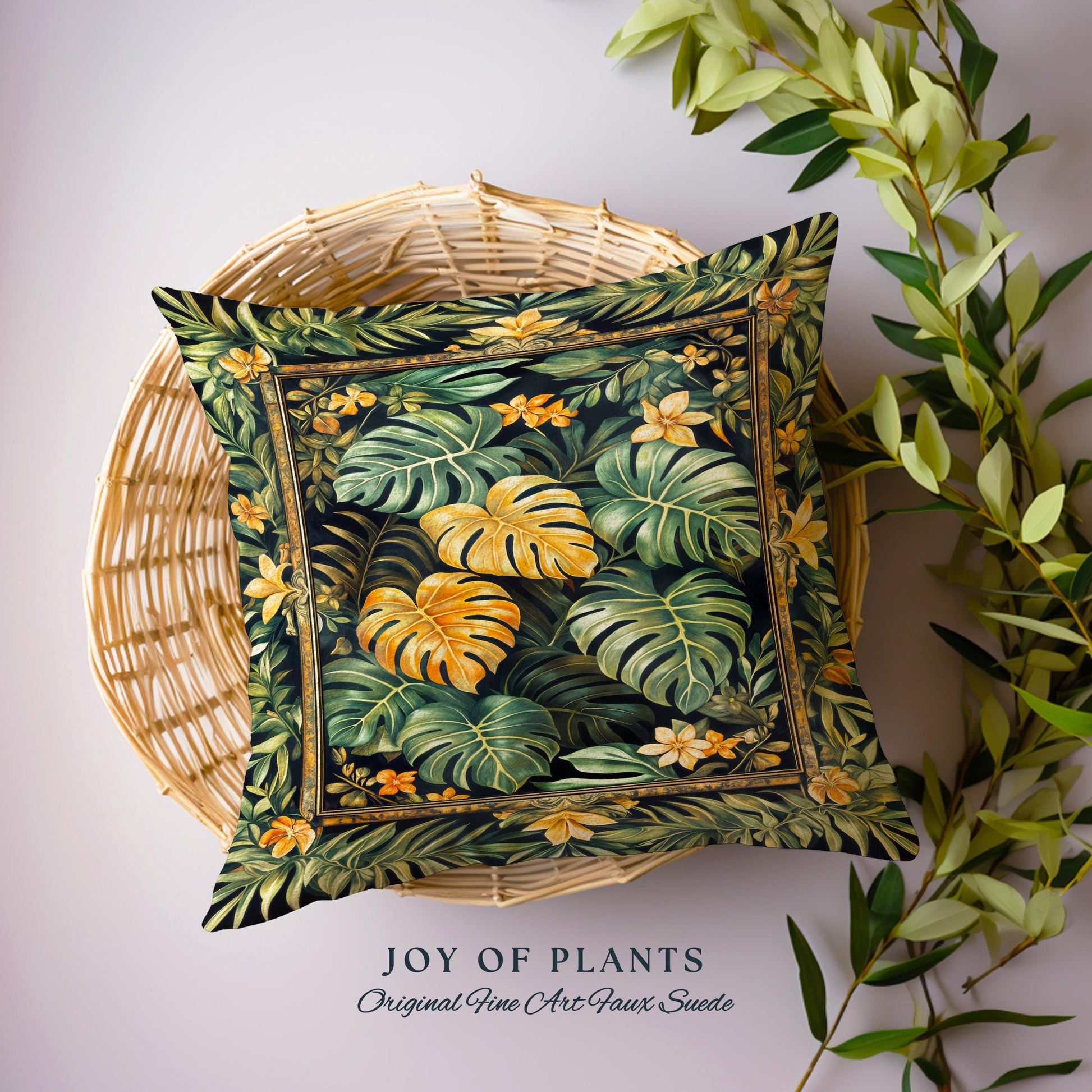 Floral Foliage Woven Monstera Pillow | Whimsical Cottagecore Charm Jungle Vibes Forestcore Woven Throw Pillow Enchanted Houseplant Lover |