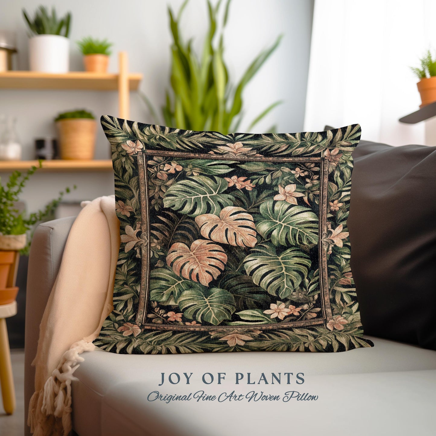 Floral Foliage Woven Monstera Pillow | Whimsical Cottagecore Charm Jungle Vibes Forestcore Woven Throw Pillow Enchanted Houseplant Lover |