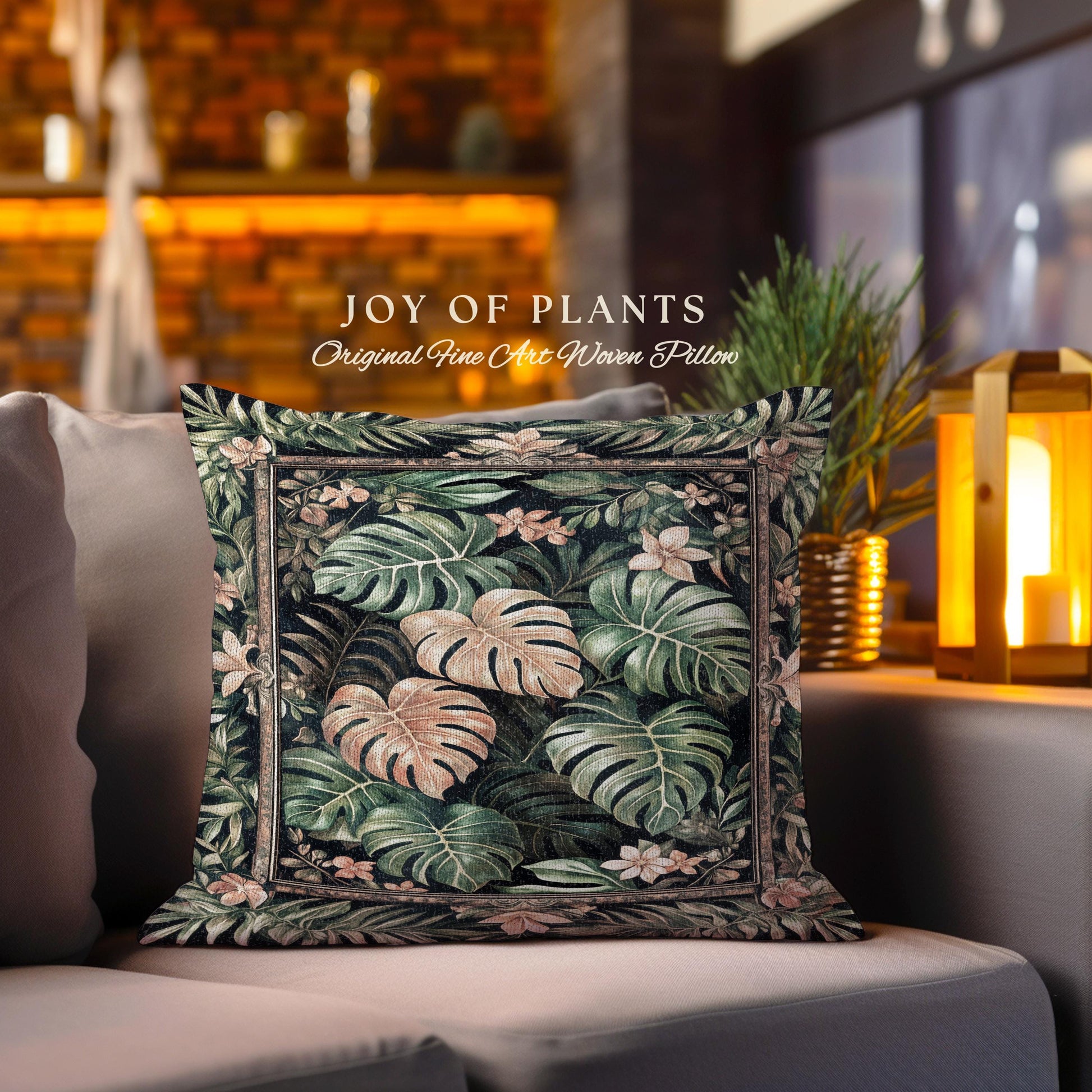 Floral Foliage Woven Monstera Pillow | Whimsical Cottagecore Charm Jungle Vibes Forestcore Woven Throw Pillow Enchanted Houseplant Lover |