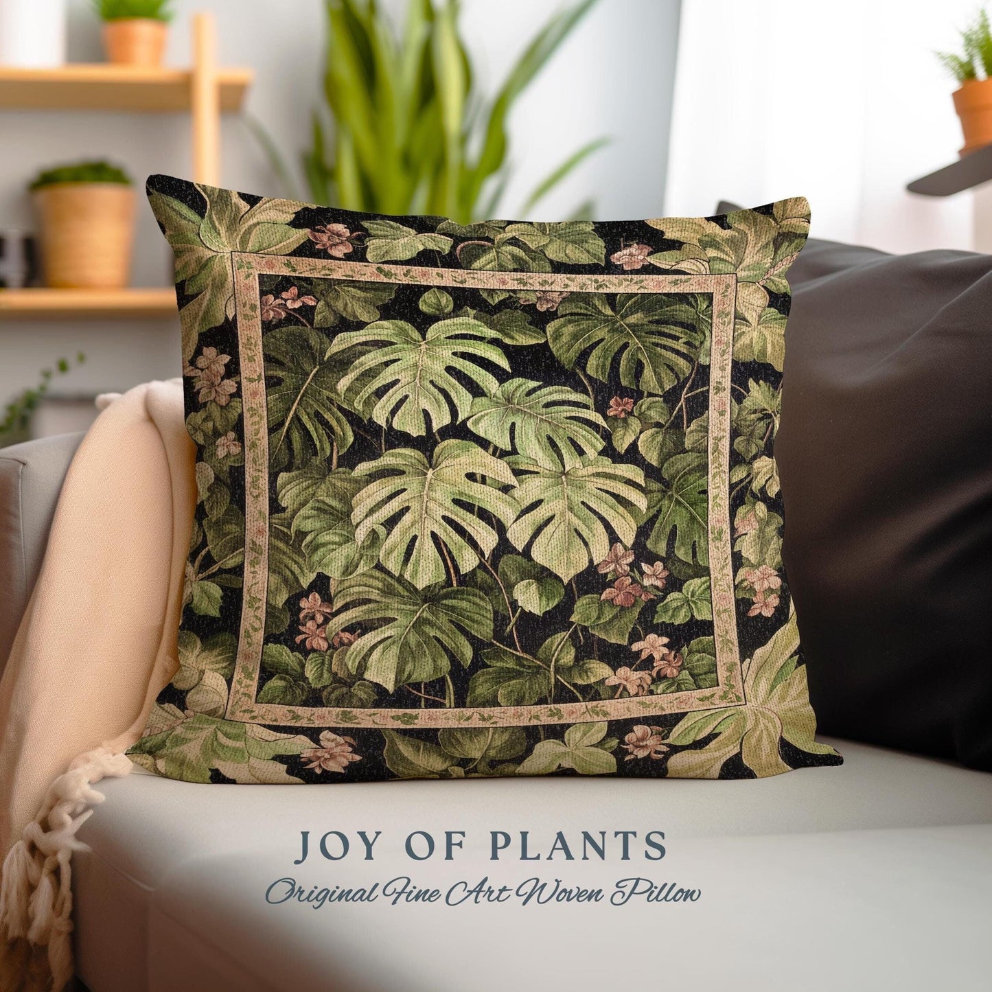 Ethereal Monstera Woodland Botanical Pillow | Tropical Aesthetic Dark Floral Houseplant Lover Whimsical Home Decor Woven Tapestry Cushion |