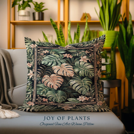 Floral Foliage Woven Monstera Pillow | Whimsical Cottagecore Charm Jungle Vibes Forestcore Woven Throw Pillow Enchanted Houseplant Lover |