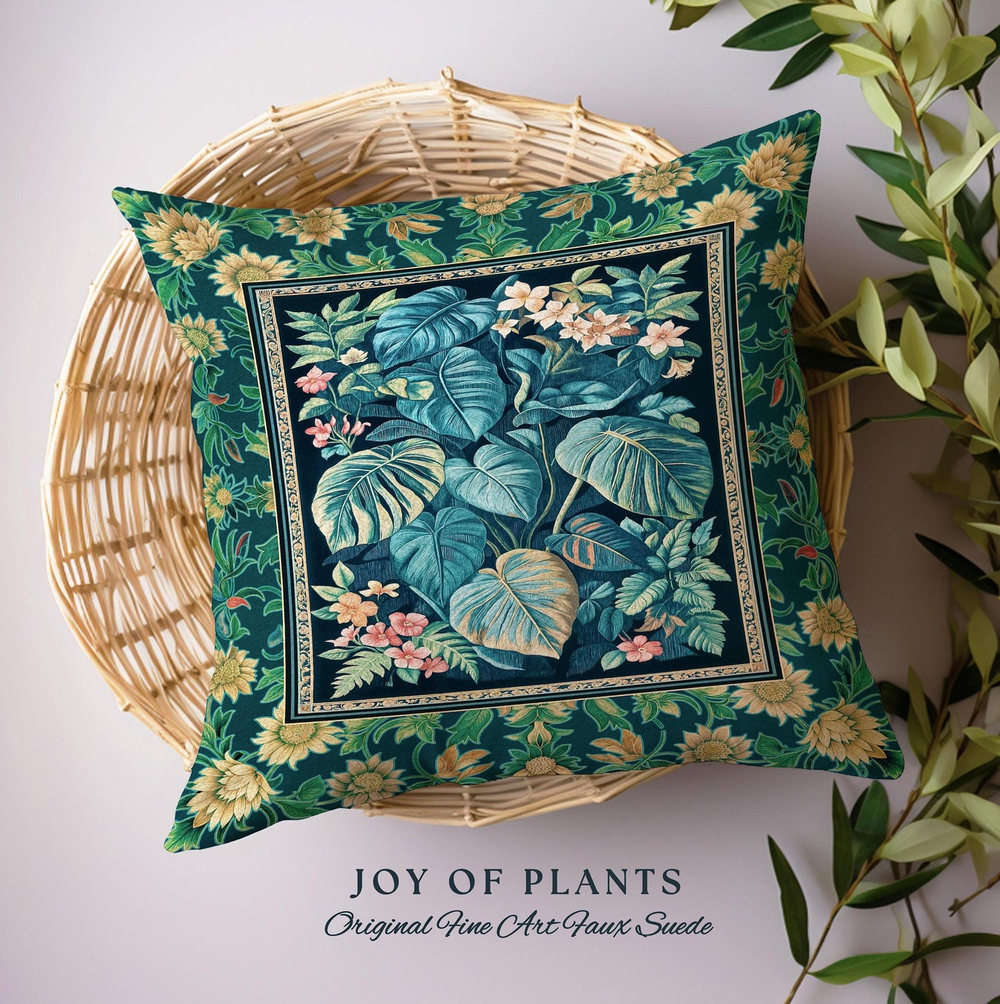 Ethereal Botanicals Woven Tapestry Pillow | Houseplant Bedroom Monstera Maximalist Leaf Bedding Dark Academia Leaves Aesthetic Woven Cushion