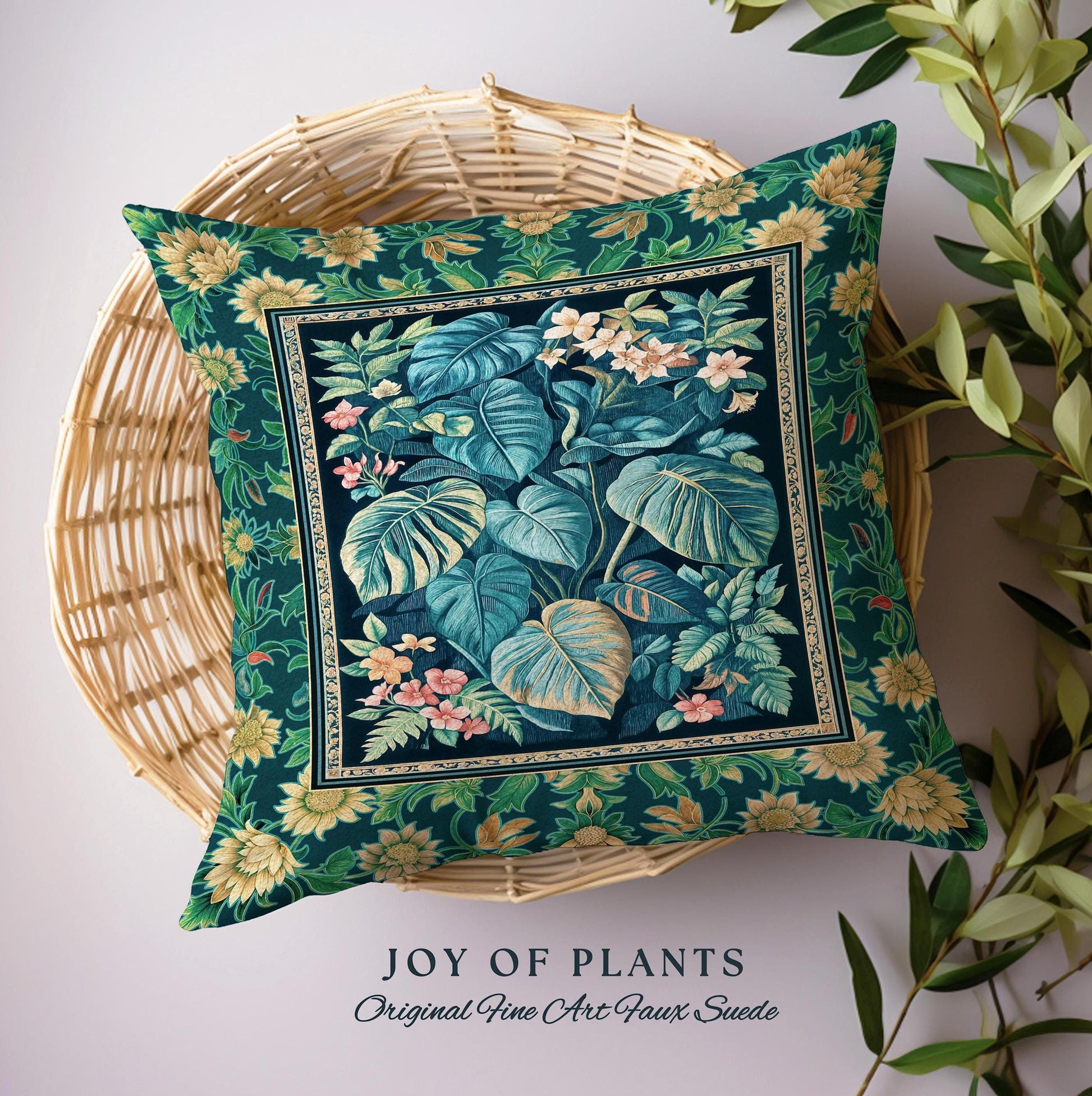 Ethereal Botanicals Woven Tapestry Pillow | Houseplant Bedroom Monstera Maximalist Leaf Bedding Dark Academia Leaves Aesthetic Woven Cushion
