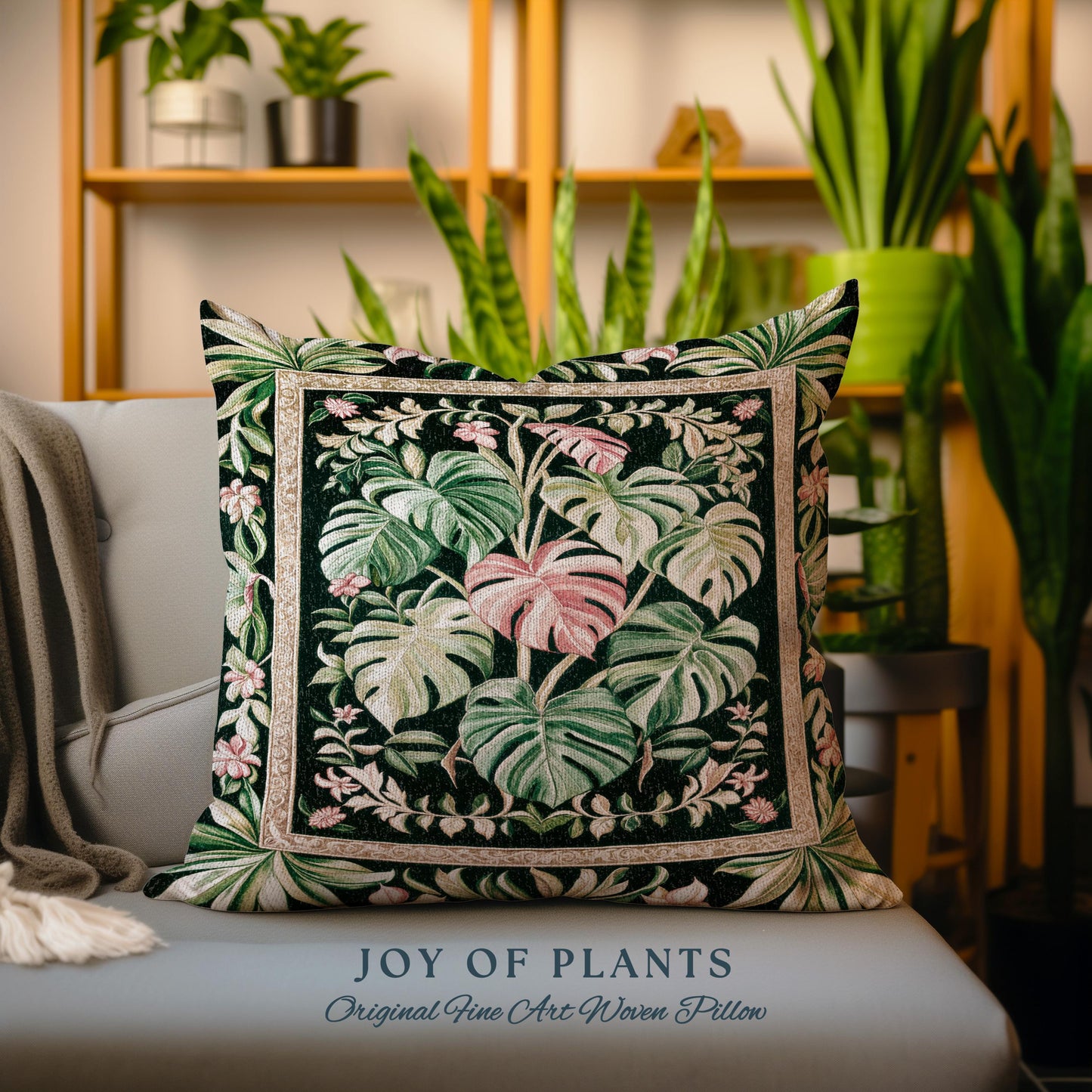 Earthy Vibes Monstera Throw Pillow | Cozy Woven Cushion Forestcore Vintage Summer Bedding Tropical Goth Aesthetic Cottagecore Leafy Bedroom