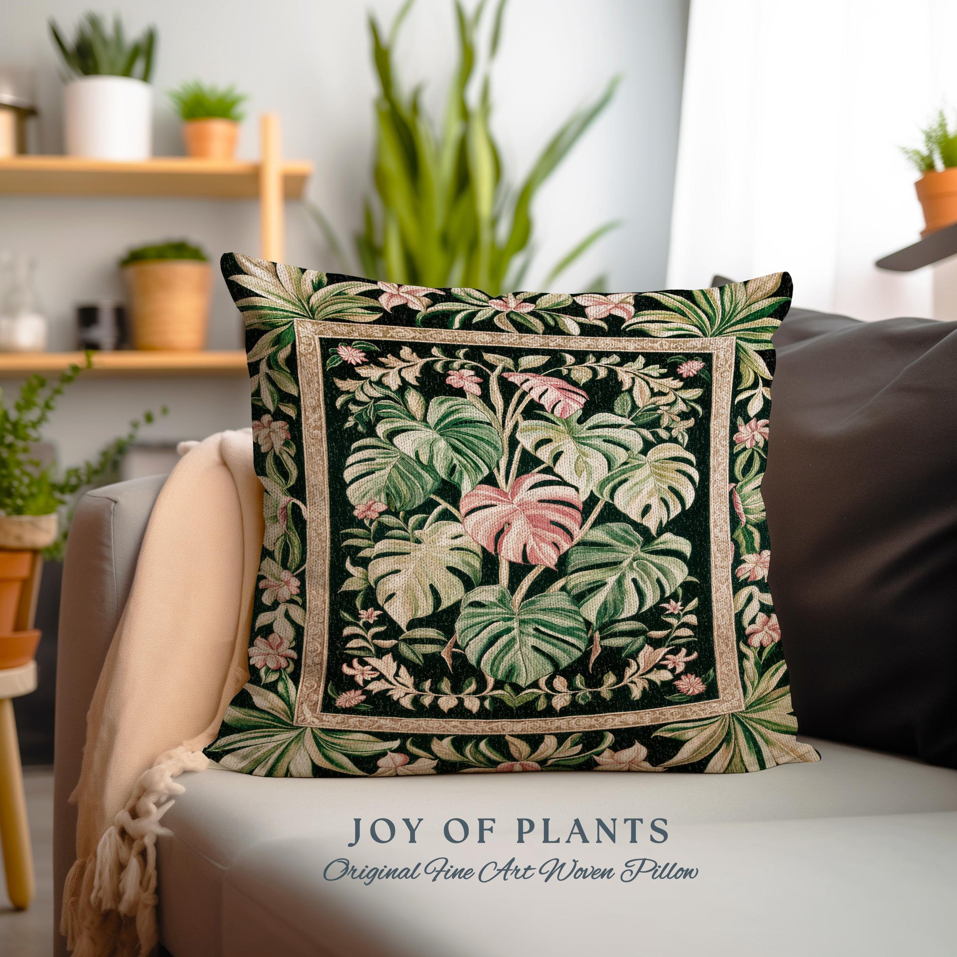 Earthy Vibes Monstera Throw Pillow | Cozy Woven Cushion Forestcore Vintage Summer Bedding Tropical Goth Aesthetic Cottagecore Leafy Bedroom