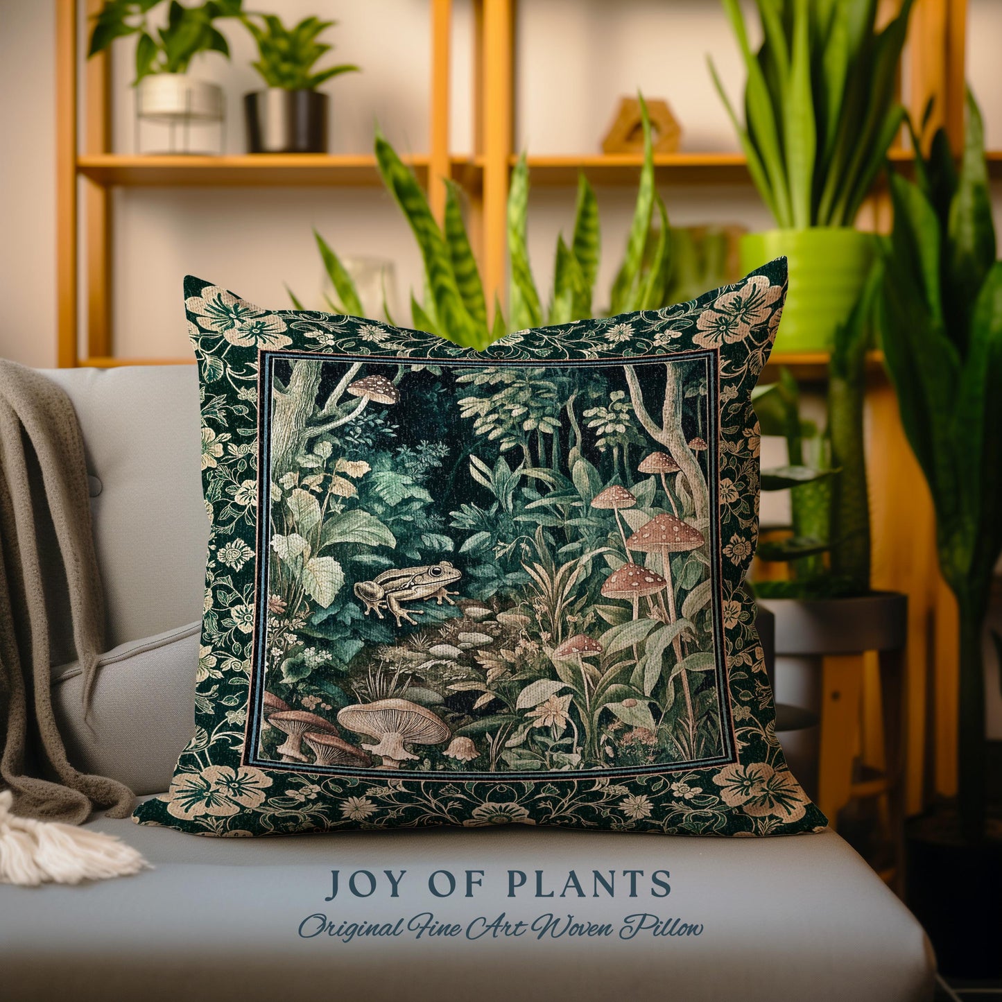 Magical Mushroom Folklore Forest Pillow | Cute Woodland Woven Cushion for Bedroom Goblincore Forest Woodland Whimsy Toadstool Aesthetic |