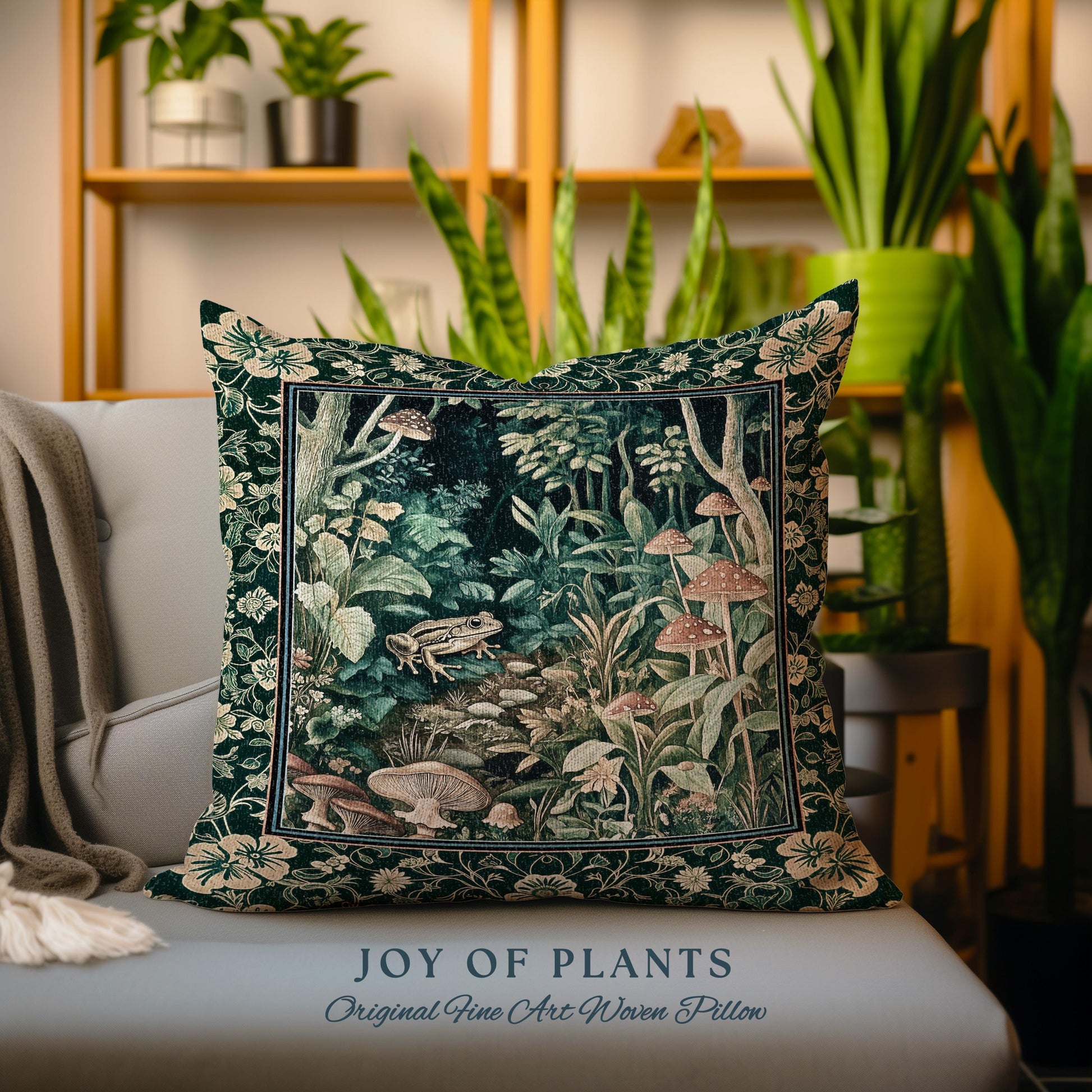 Magical Mushroom Folklore Forest Pillow | Cute Woodland Woven Cushion for Bedroom Goblincore Forest Woodland Whimsy Toadstool Aesthetic |