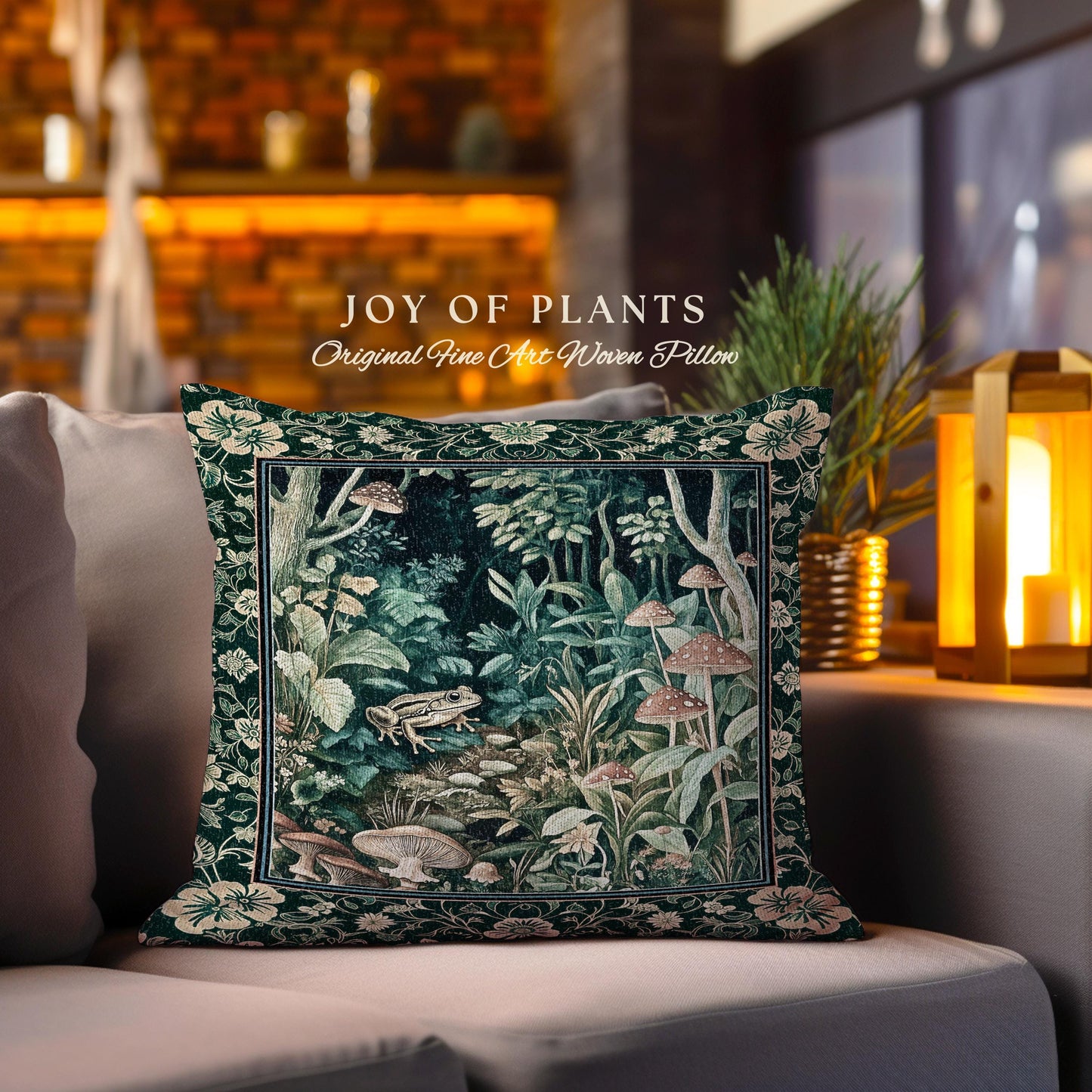 Magical Mushroom Folklore Forest Pillow | Cute Woodland Woven Cushion for Bedroom Goblincore Forest Woodland Whimsy Toadstool Aesthetic |