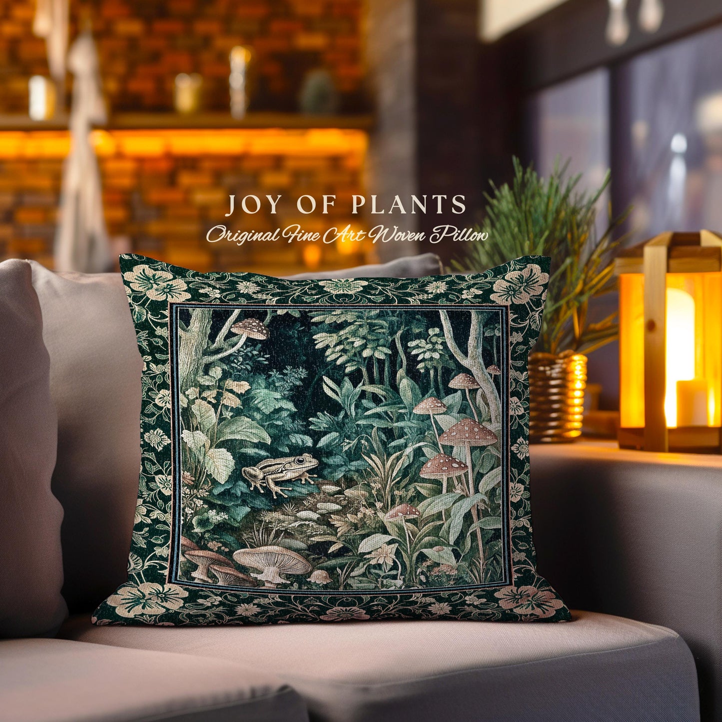 Magical Mushroom Folklore Forest Pillow | Cute Woodland Woven Cushion for Bedroom Goblincore Forest Woodland Whimsy Toadstool Aesthetic |