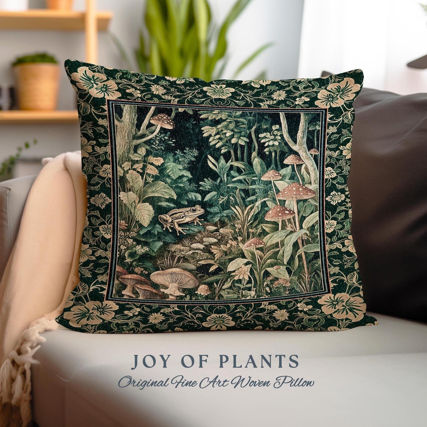 Magical Mushroom Folklore Forest Pillow | Cute Woodland Woven Cushion for Bedroom Goblincore Forest Woodland Whimsy Toadstool Aesthetic |