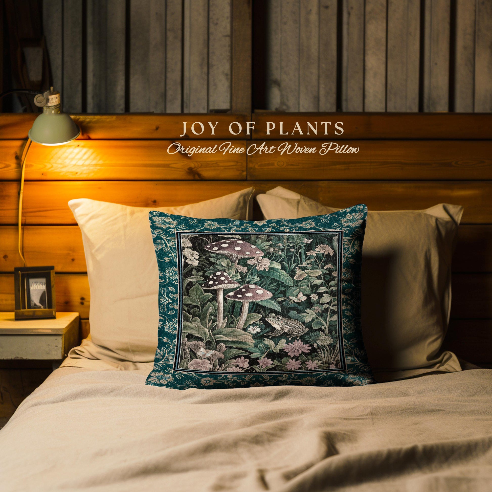 Fairytale Forest Mushroom Frog Pillow | Trendy Aesthetic Cottagecore Botanical Accent Pillow for Emerald Green Funky Woodland Book Nook Frog