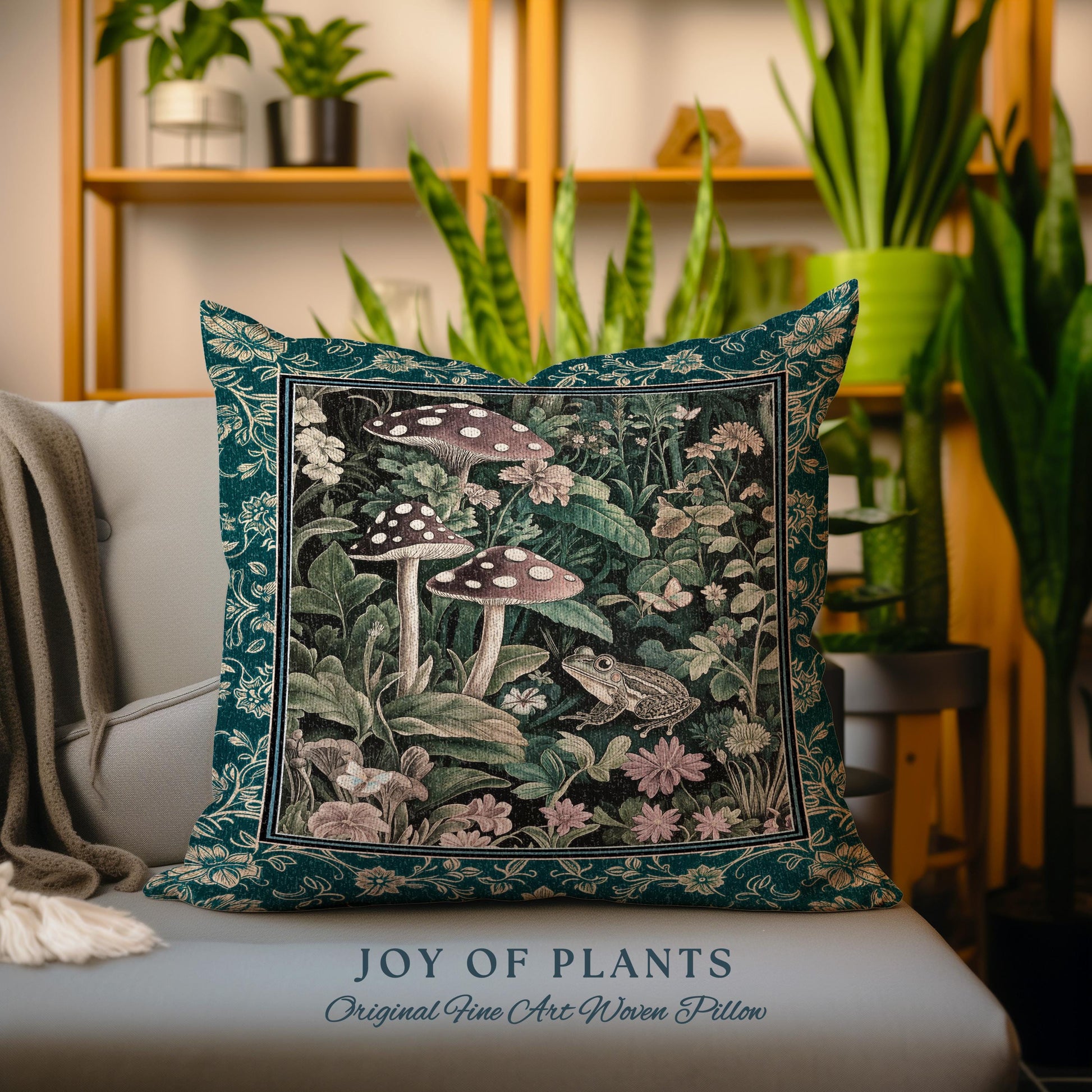 Fairytale Forest Mushroom Frog Pillow | Trendy Aesthetic Cottagecore Botanical Accent Pillow for Emerald Green Funky Woodland Book Nook Frog