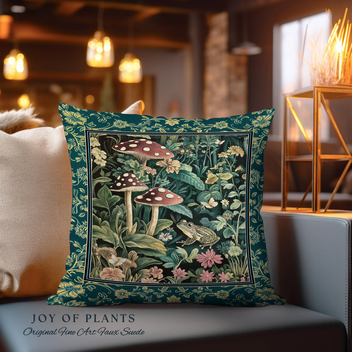Fairytale Forest Mushroom Frog Pillow | Trendy Aesthetic Cottagecore Botanical Accent Pillow for Emerald Green Funky Woodland Book Nook Frog