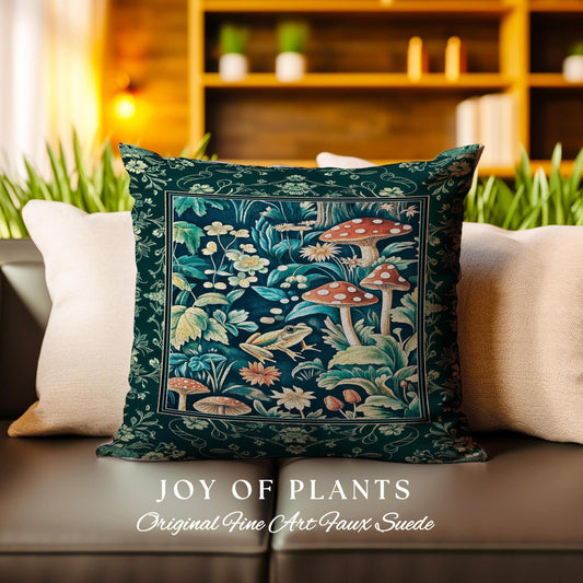 Frog and Mushroom Cute Cottagecore Pillow | Eclectic Woodland Whimsy Toadstool Aesthetic Nature Lover Emerald Green Decor Fairytale Inspired
