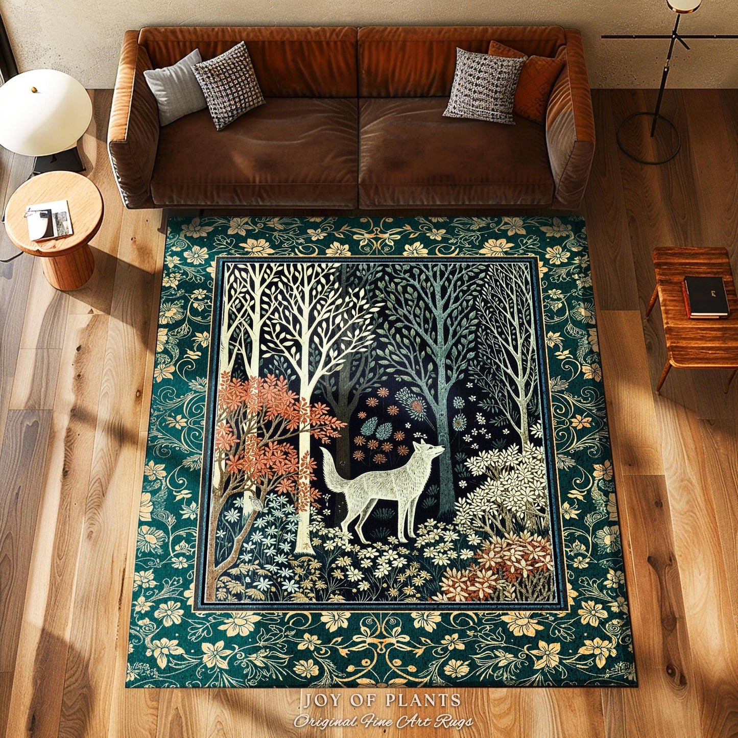 Rustic Nordic Nature Wolf Rug | Colorful Folklore Home Accent Rug Cottagecore Aesthetic Cute Boho Nursery Pastel Whimsical Woodland Decor |