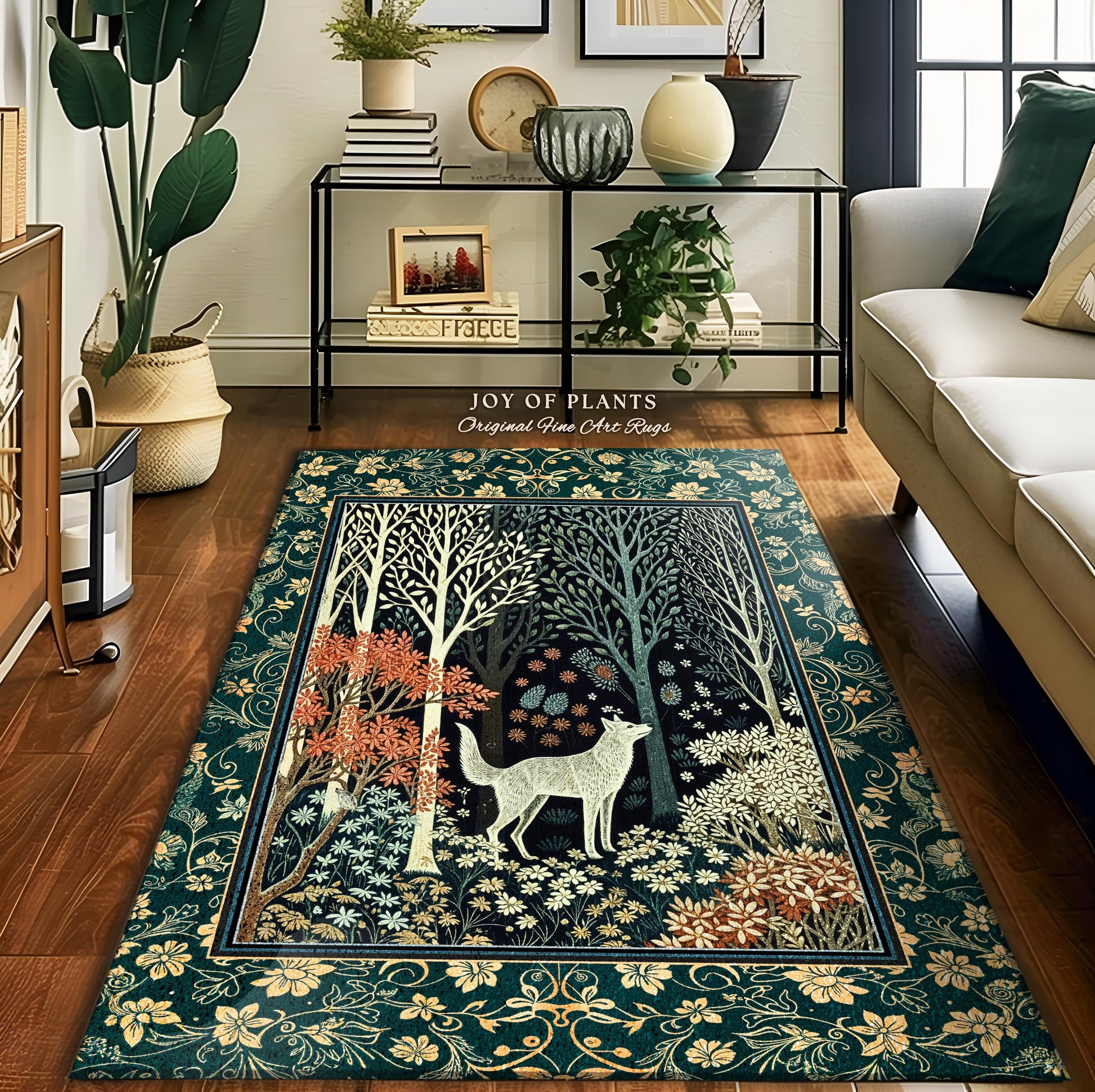 Rustic Nordic Nature Wolf Rug | Colorful Folklore Home Accent Rug Cottagecore Aesthetic Cute Boho Nursery Pastel Whimsical Woodland Decor |