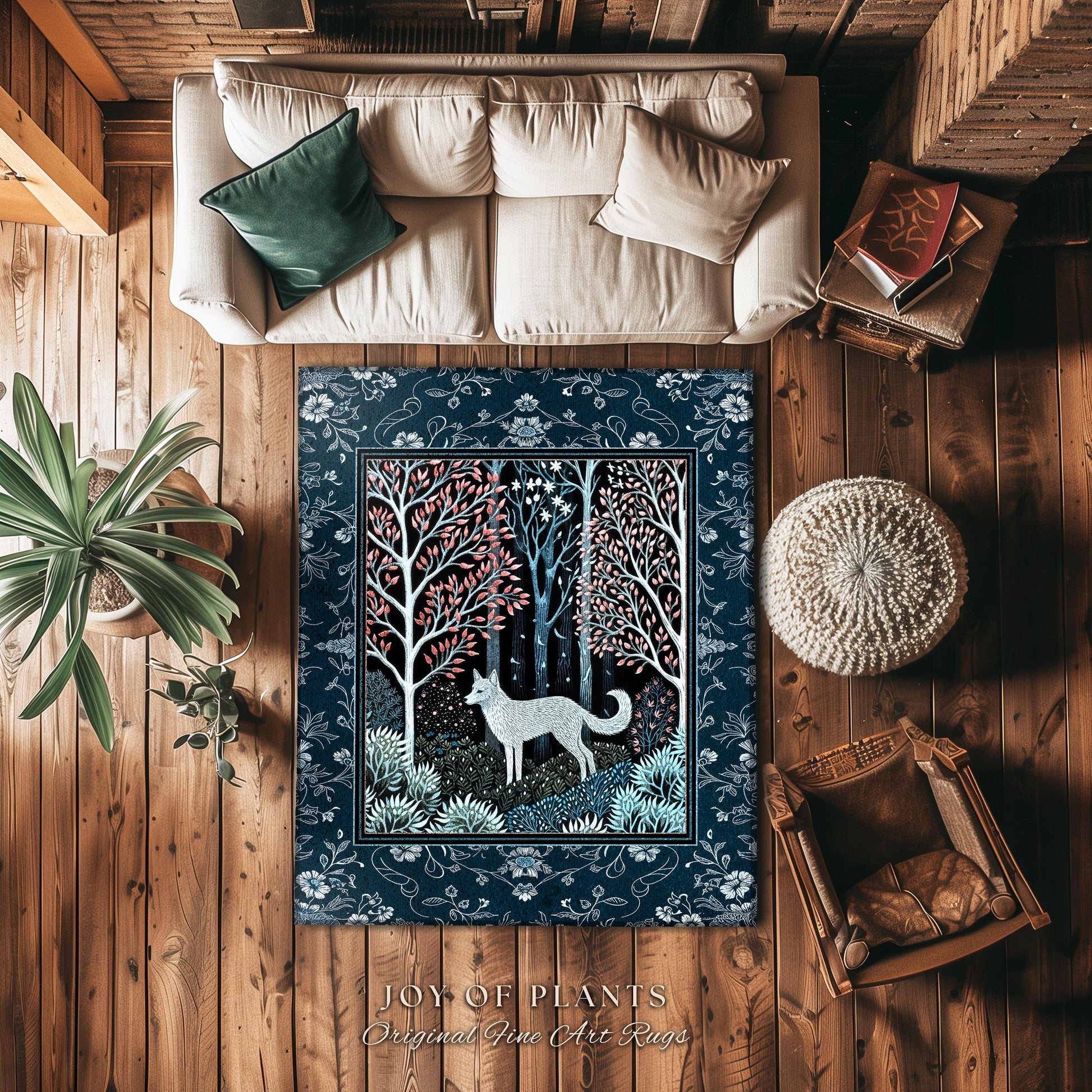 Earthy Colors Woodland Wolf Rug | Bohemian Aesthetic Playful Pastel Nursery Accent Rug Whimsical Forest Scandinavian Folklore Fairytale Art