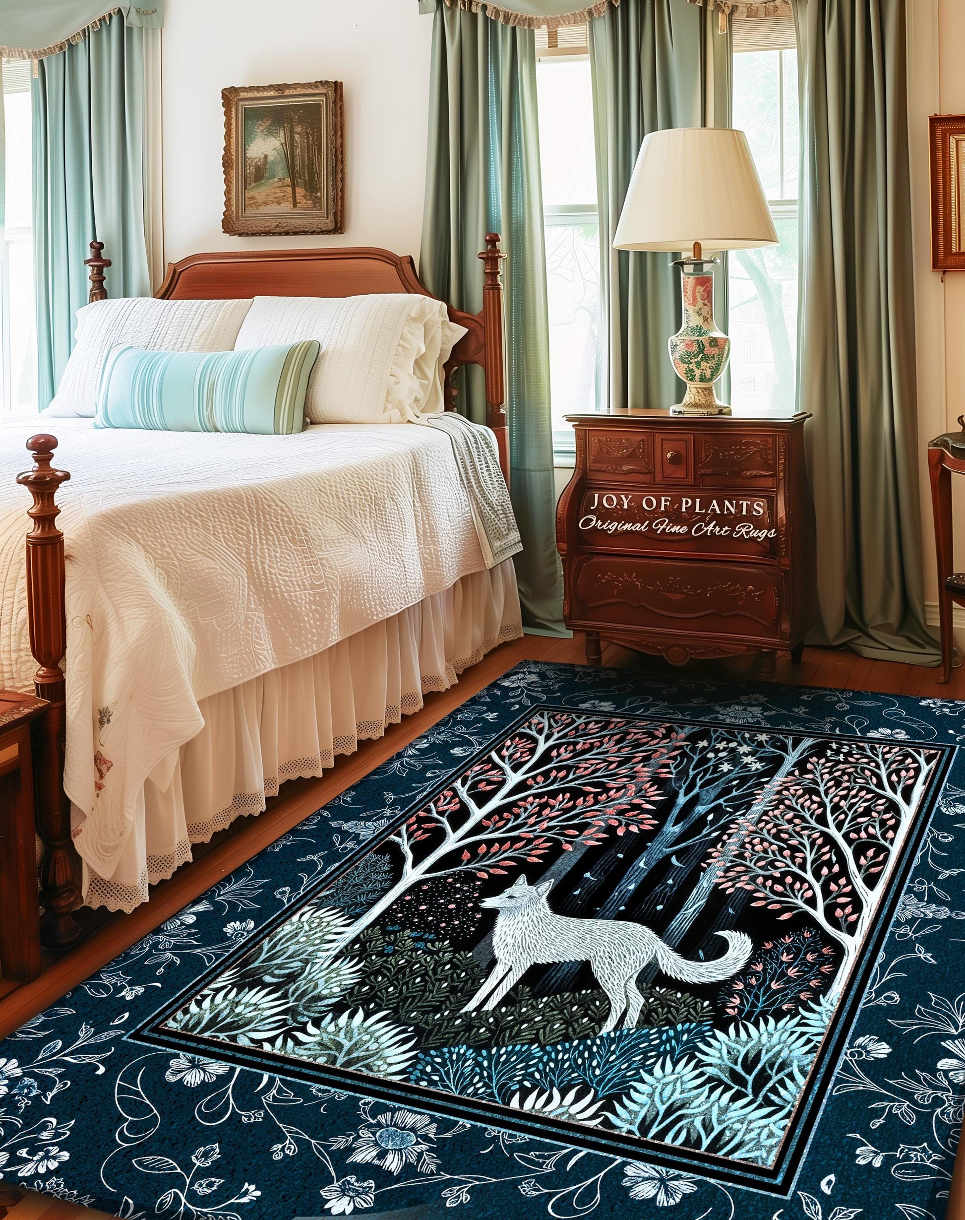 Earthy Colors Woodland Wolf Rug | Bohemian Aesthetic Playful Pastel Nursery Accent Rug Whimsical Forest Scandinavian Folklore Fairytale Art