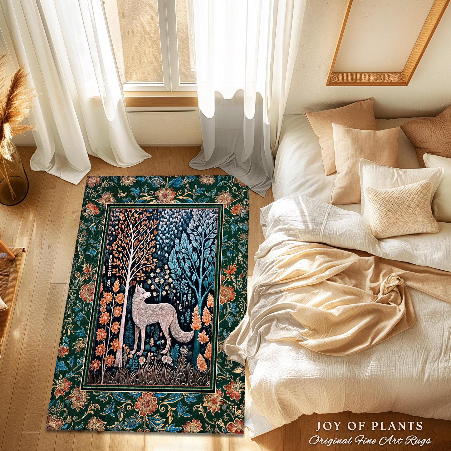 Playful Forest Boho Whimsical Area Rug | Scandinavian Woodland Wolf Boho Fairytale Danish Cottagecore Aesthetic Bohemian Home Accent Cozy |