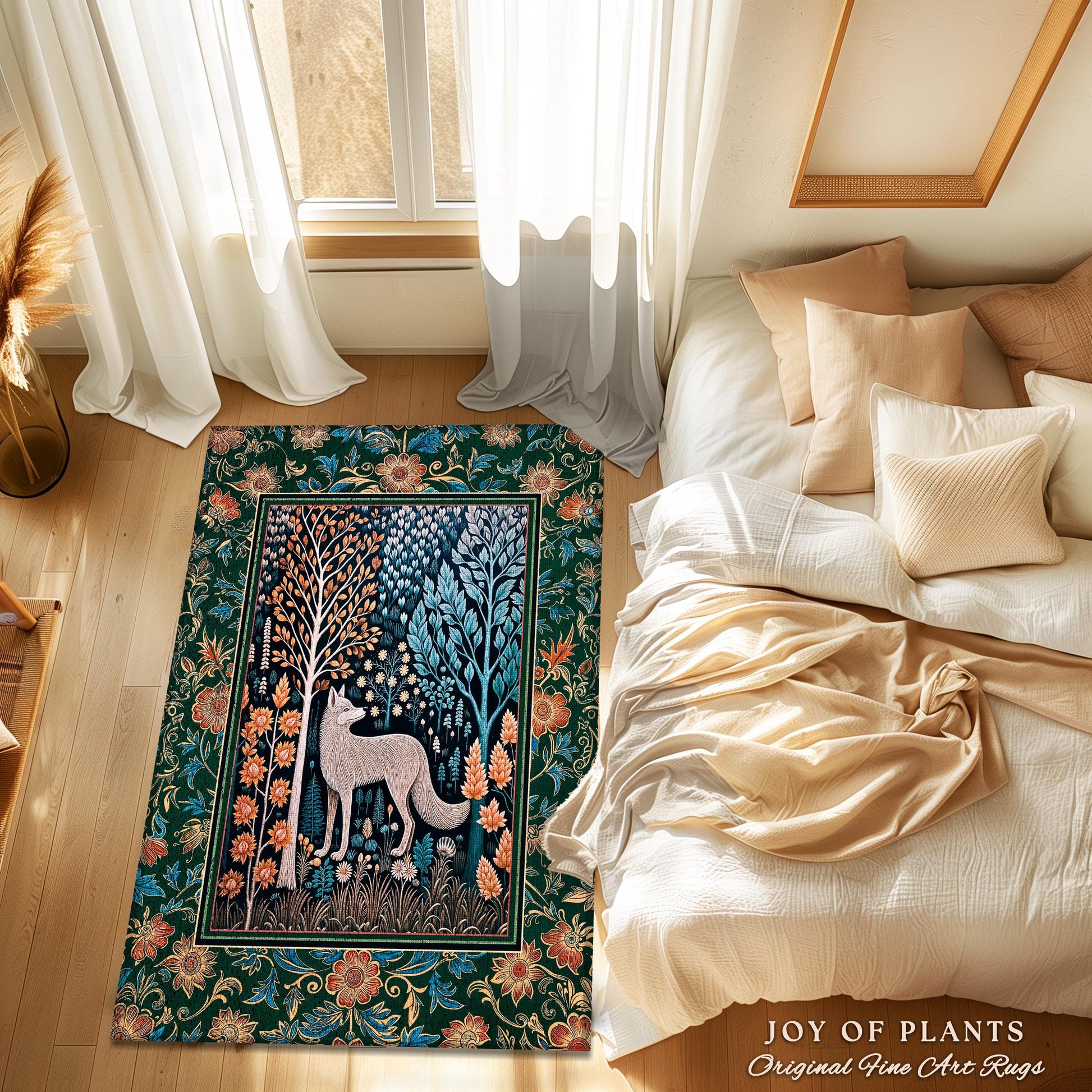 Playful Forest Boho Whimsical Area Rug | Scandinavian Woodland Wolf Boho Fairytale Danish Cottagecore Aesthetic Bohemian Home Accent Cozy |