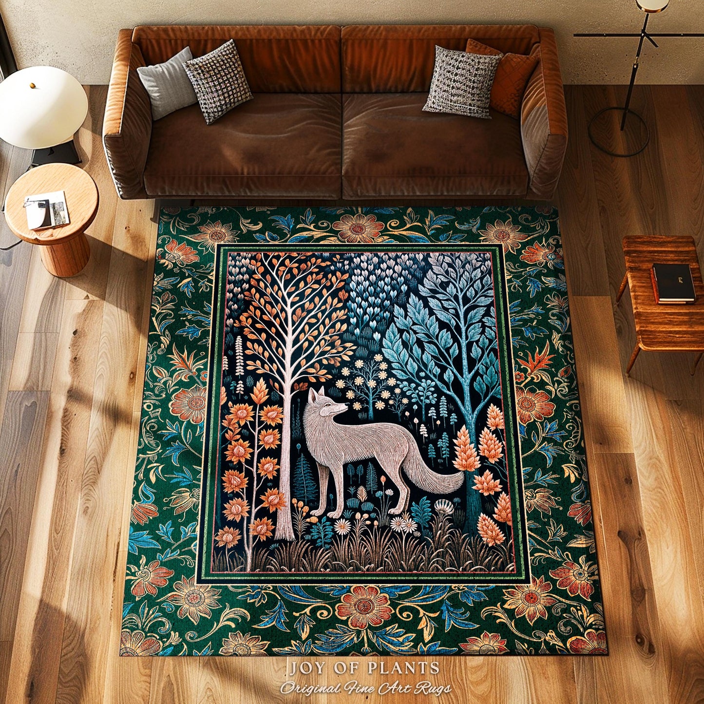 Playful Forest Boho Whimsical Area Rug | Scandinavian Woodland Wolf Boho Fairytale Danish Cottagecore Aesthetic Bohemian Home Accent Cozy |