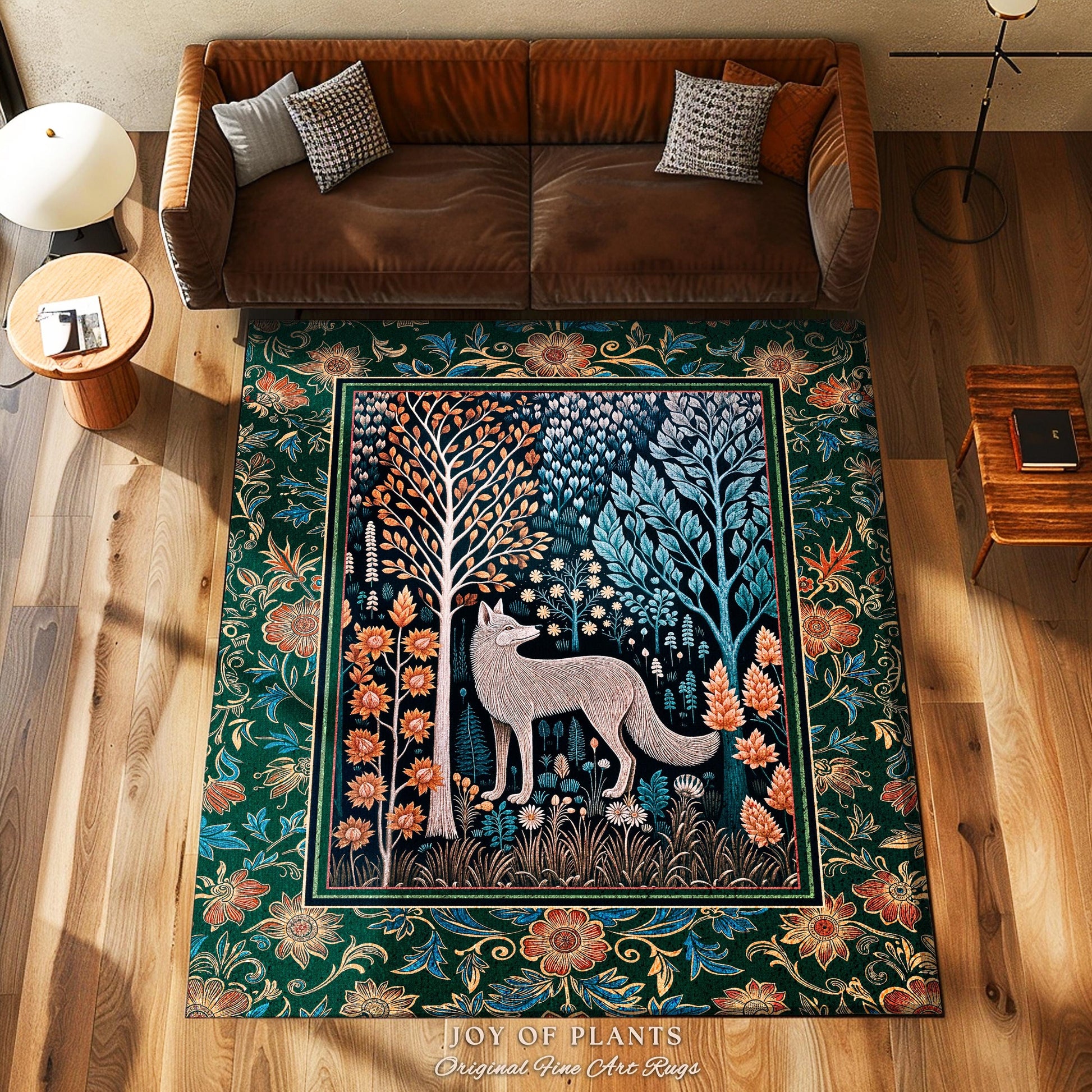 Playful Forest Boho Whimsical Area Rug | Scandinavian Woodland Wolf Boho Fairytale Danish Cottagecore Aesthetic Bohemian Home Accent Cozy |