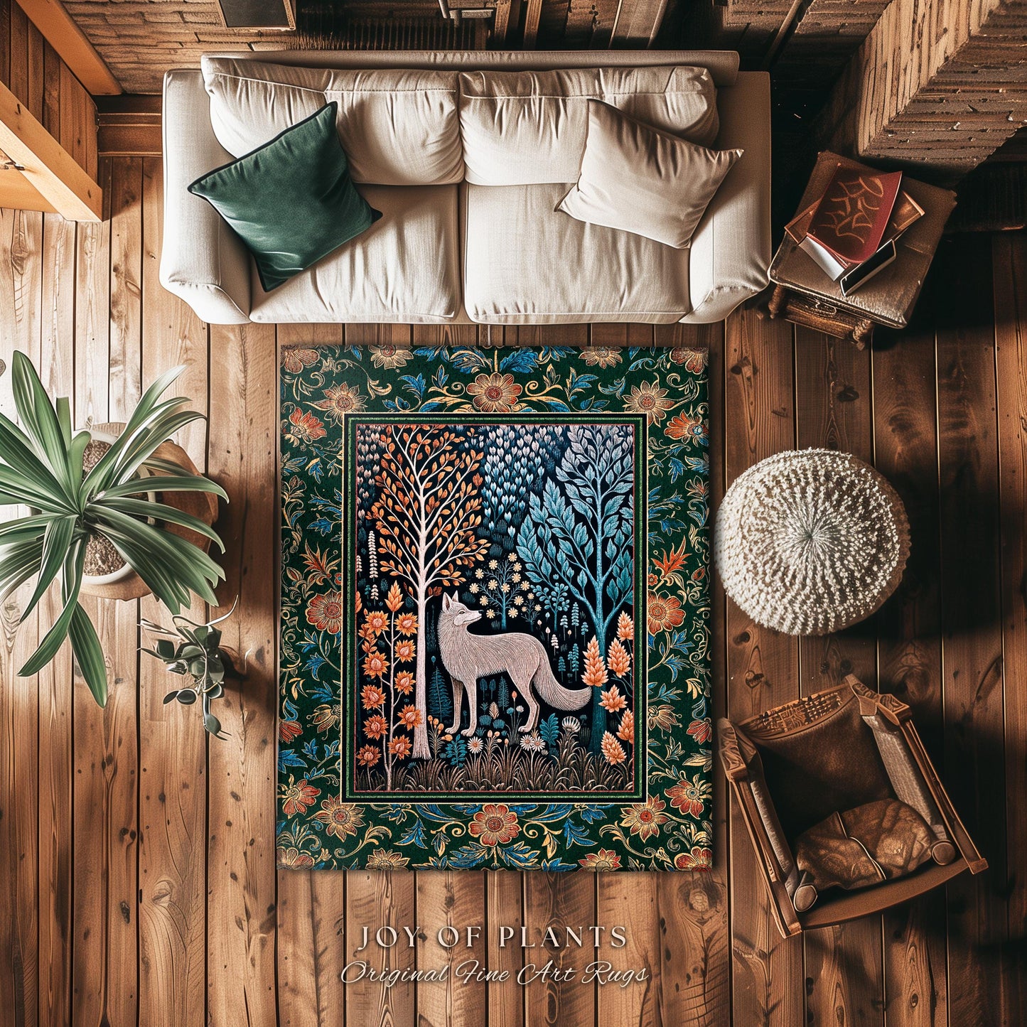 Playful Forest Boho Whimsical Area Rug | Scandinavian Woodland Wolf Boho Fairytale Danish Cottagecore Aesthetic Bohemian Home Accent Cozy |