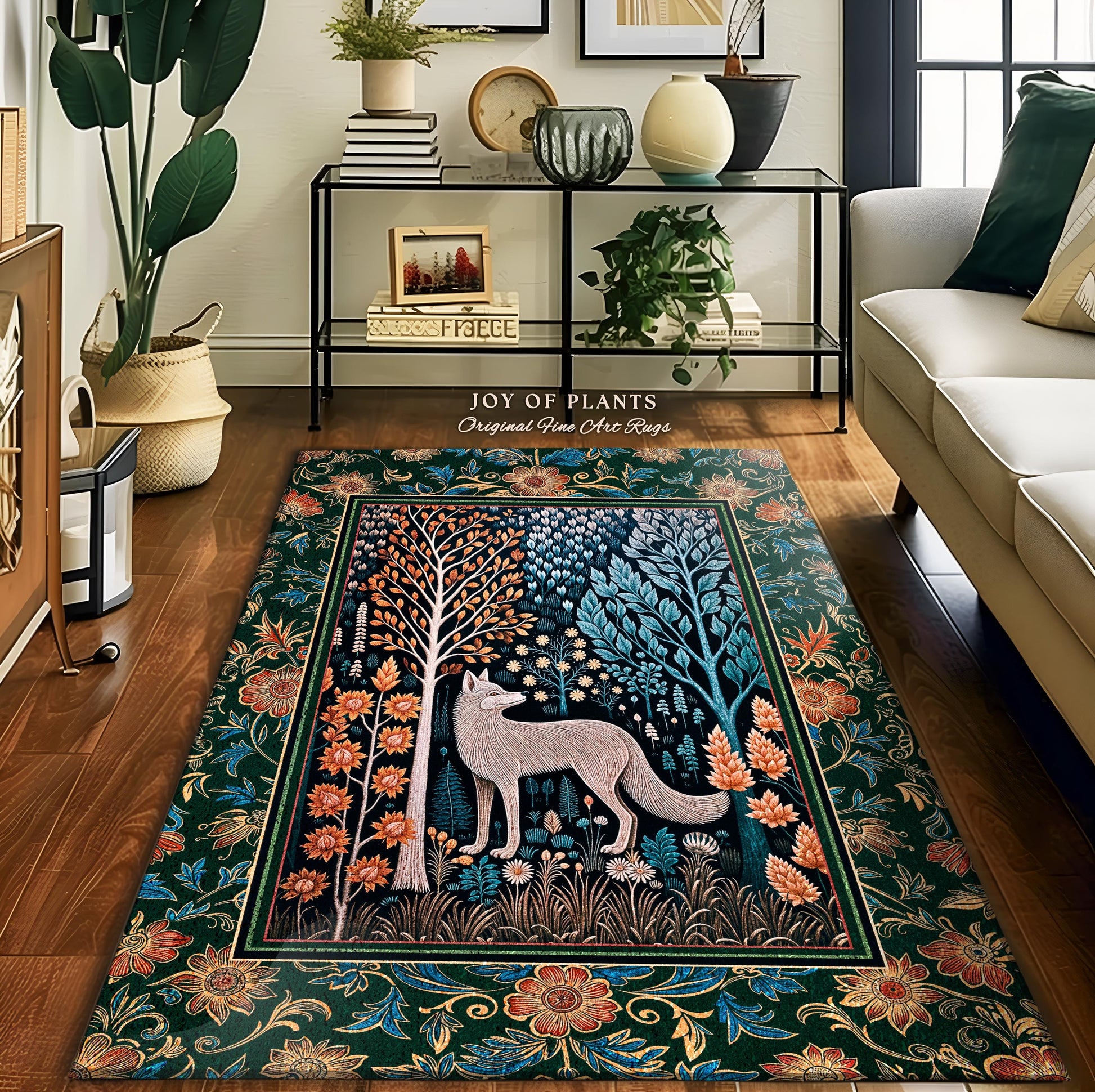 Playful Forest Boho Whimsical Area Rug | Scandinavian Woodland Wolf Boho Fairytale Danish Cottagecore Aesthetic Bohemian Home Accent Cozy |