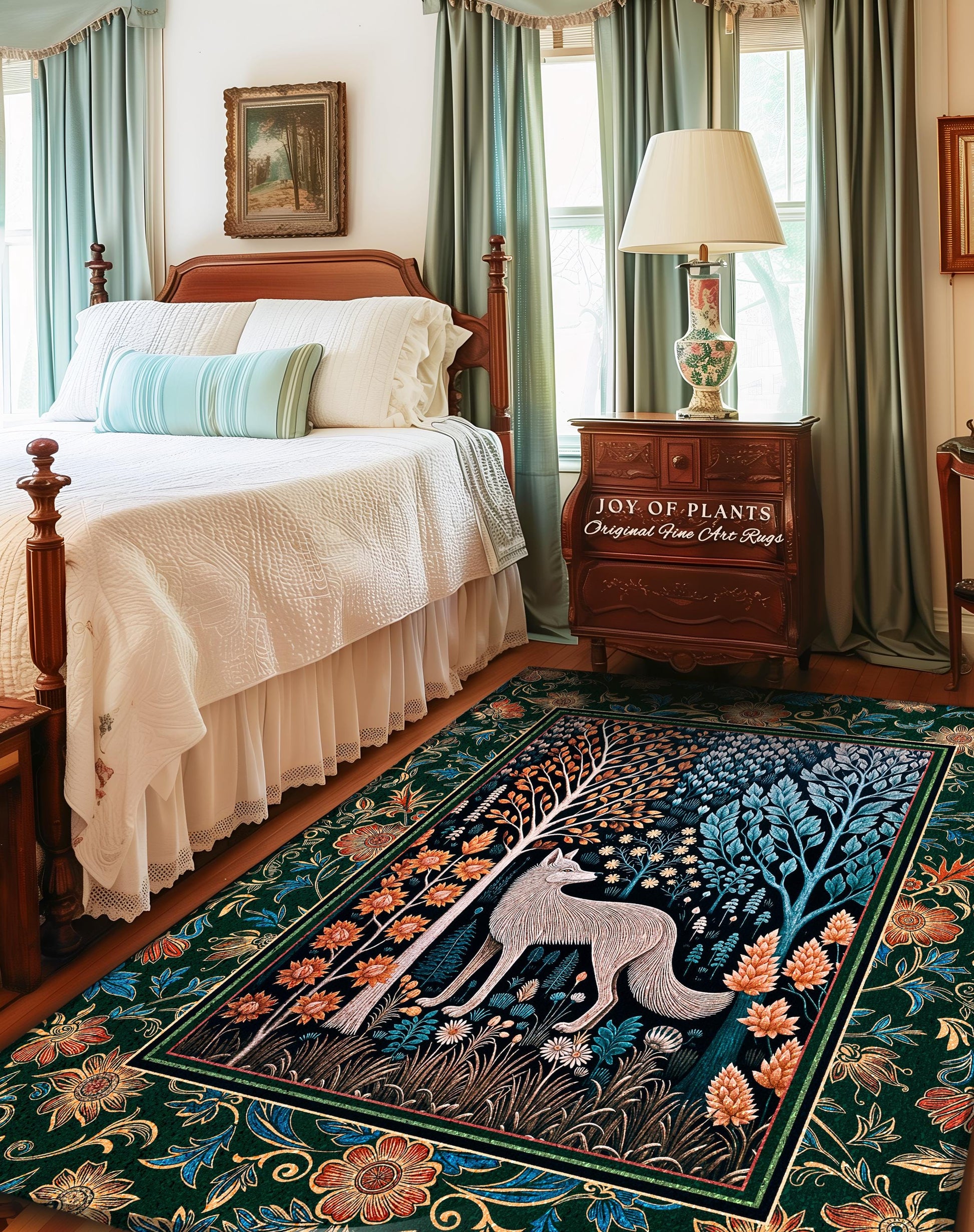 Playful Forest Boho Whimsical Area Rug | Scandinavian Woodland Wolf Boho Fairytale Danish Cottagecore Aesthetic Bohemian Home Accent Cozy |