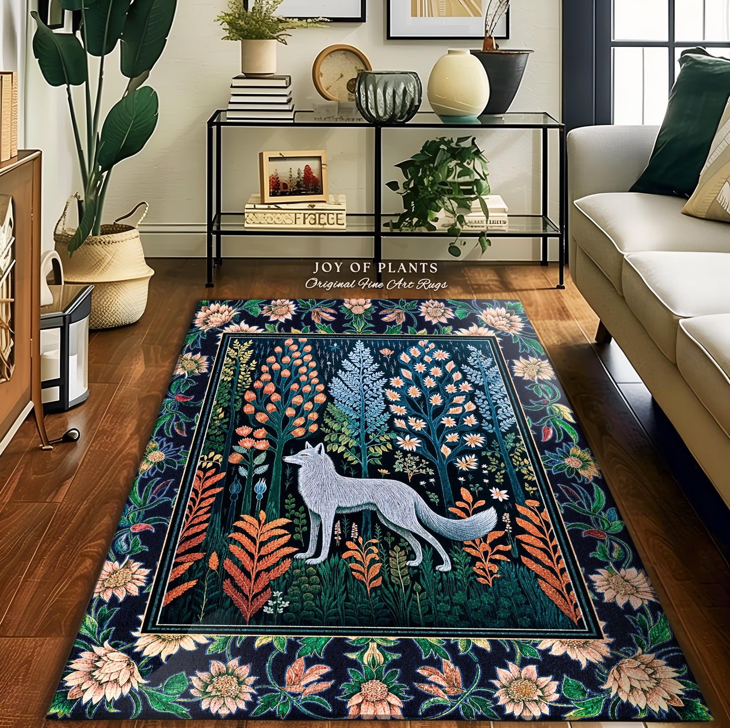 Floral Woodland Cozy Boho Rug | Cabincore Indie Aesthetic Folklore Cute Wolf Nursery Fairytale Danish Pastel Cottagecore Whimsical Accent |