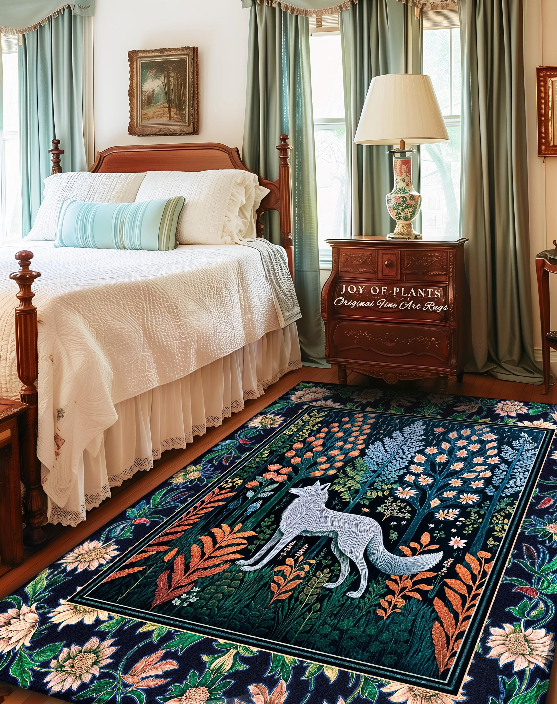 Floral Woodland Cozy Boho Rug | Cabincore Indie Aesthetic Folklore Cute Wolf Nursery Fairytale Danish Pastel Cottagecore Whimsical Accent |