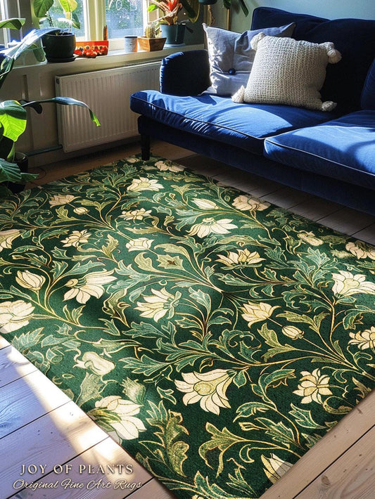 Victorian Gothic Floral Forest Green Rug Dark Botanical Art Nouveau Decor | Whimsical Room Vintage Cottagecore Woodland Fairycore Area Rug