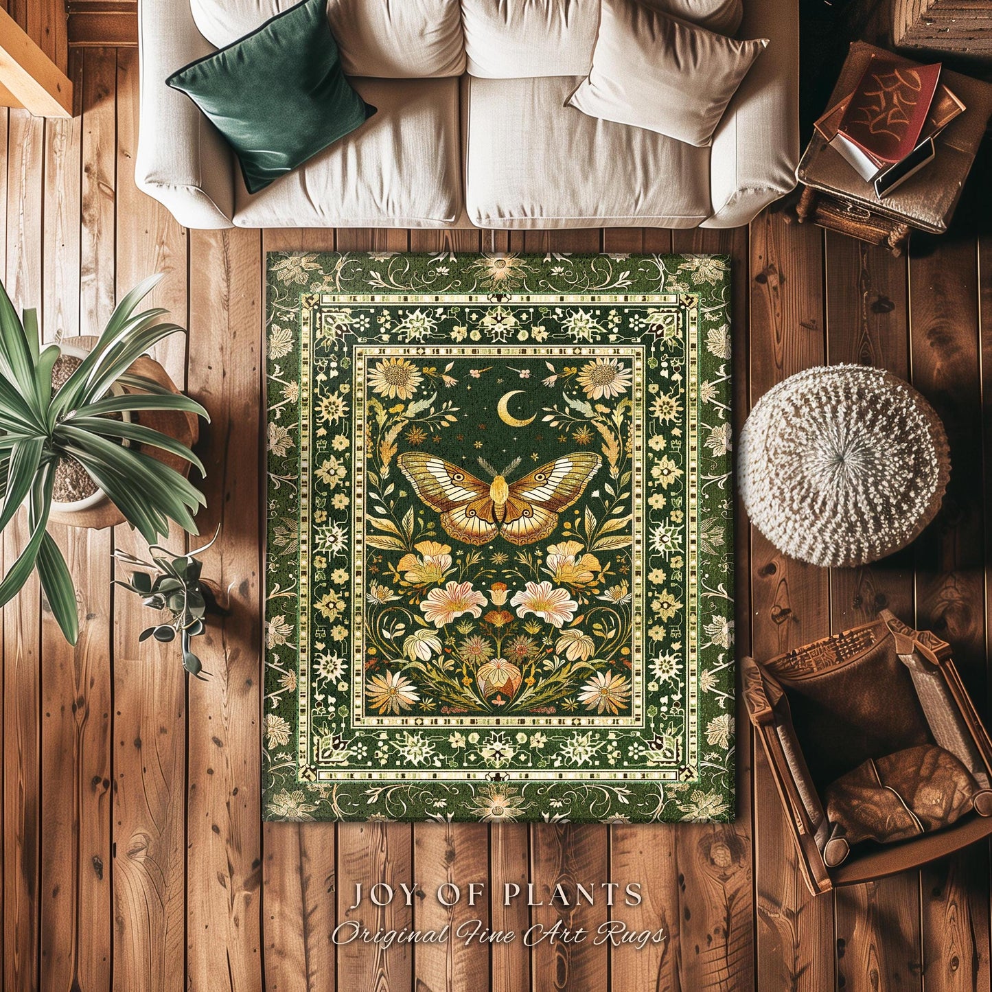 Boho Butterfly Moon Floral Garden Rug Vintage Sage Green Cottagecore Botanical Decor | Enchanted Forest Mystical Moth Bohemian Home Accent