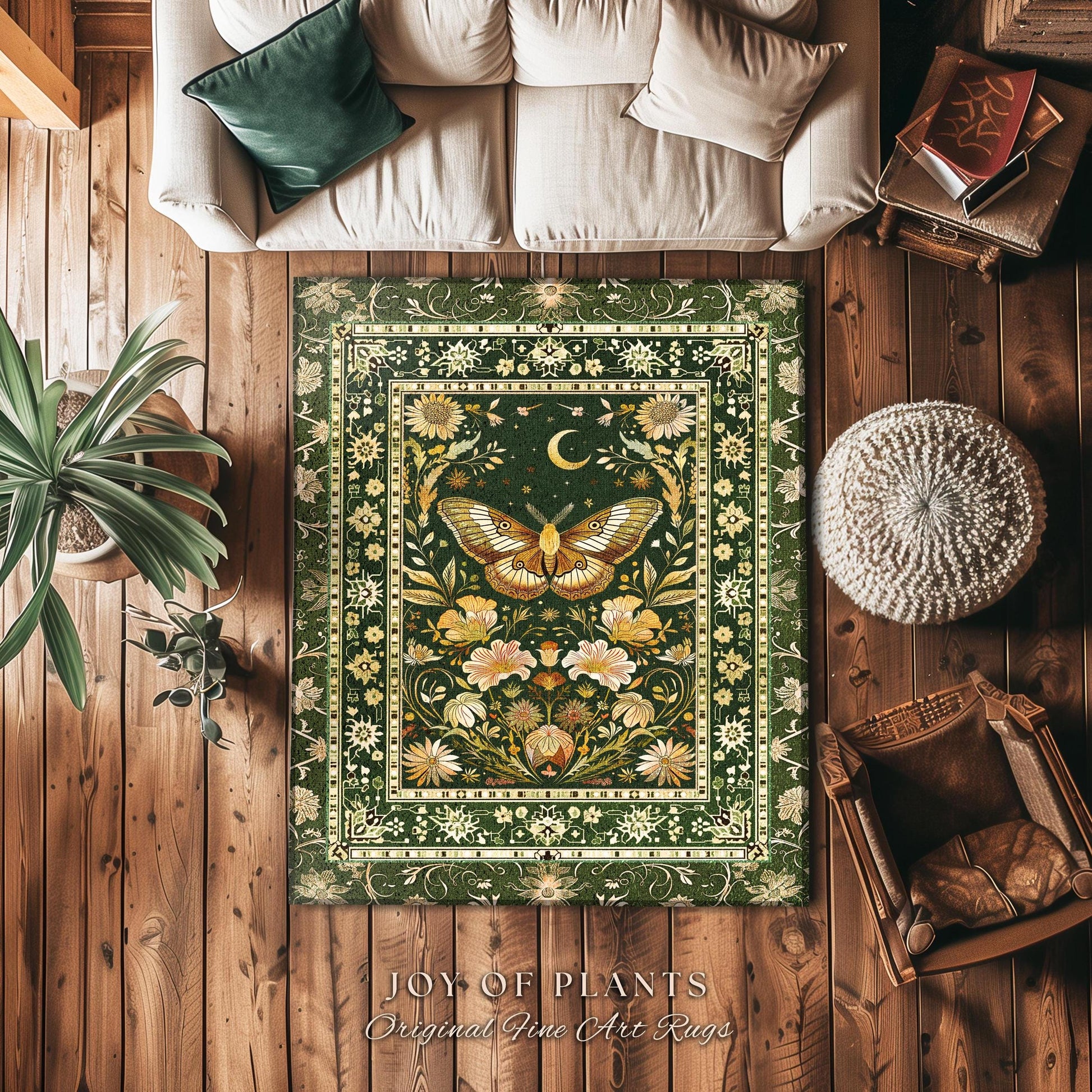 Boho Butterfly Moon Floral Garden Rug Vintage Sage Green Cottagecore Botanical Decor | Enchanted Forest Mystical Moth Bohemian Home Accent