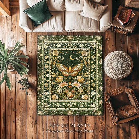 Boho Butterfly Moon Floral Garden Rug Vintage Sage Green Cottagecore Botanical Decor | Enchanted Forest Mystical Moth Bohemian Home Accent