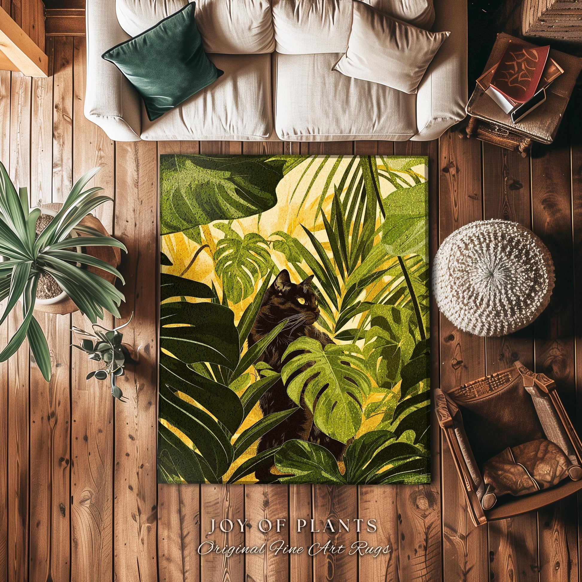 Indie Boho Cat Monstera Jungle Rug Whimsical Botanical Art Nouveau Decor | Ethereal Victorian Gothic Tropical Leaves Cottagecore Home Accent