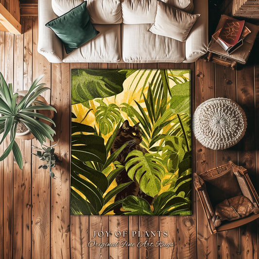 Indie Boho Cat Monstera Jungle Rug Whimsical Botanical Art Nouveau Decor | Ethereal Victorian Gothic Tropical Leaves Cottagecore Home Accent