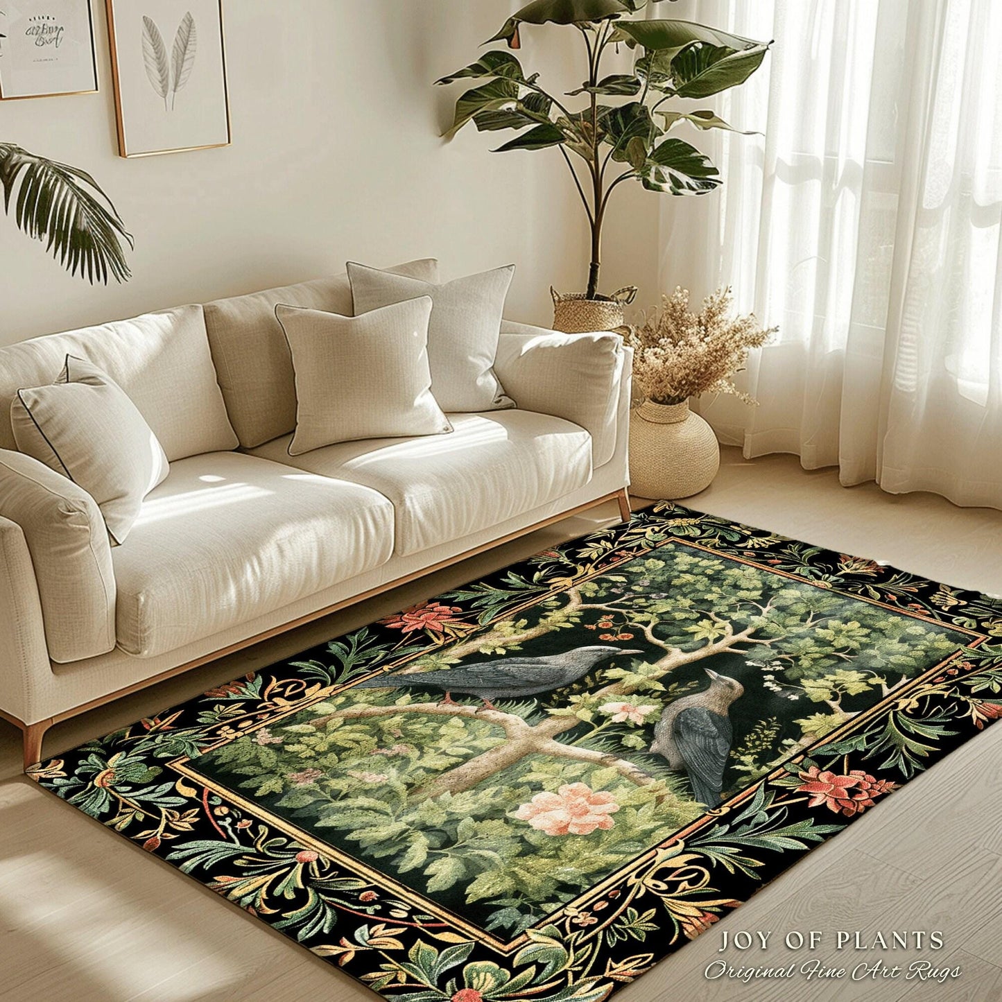 Woodland Forest Round Crow Rug, Eclectic Bedroom Decor Morris Inspired Cottagecore Room Soft Academia Style Rug Mystical Forest Crowcore Art