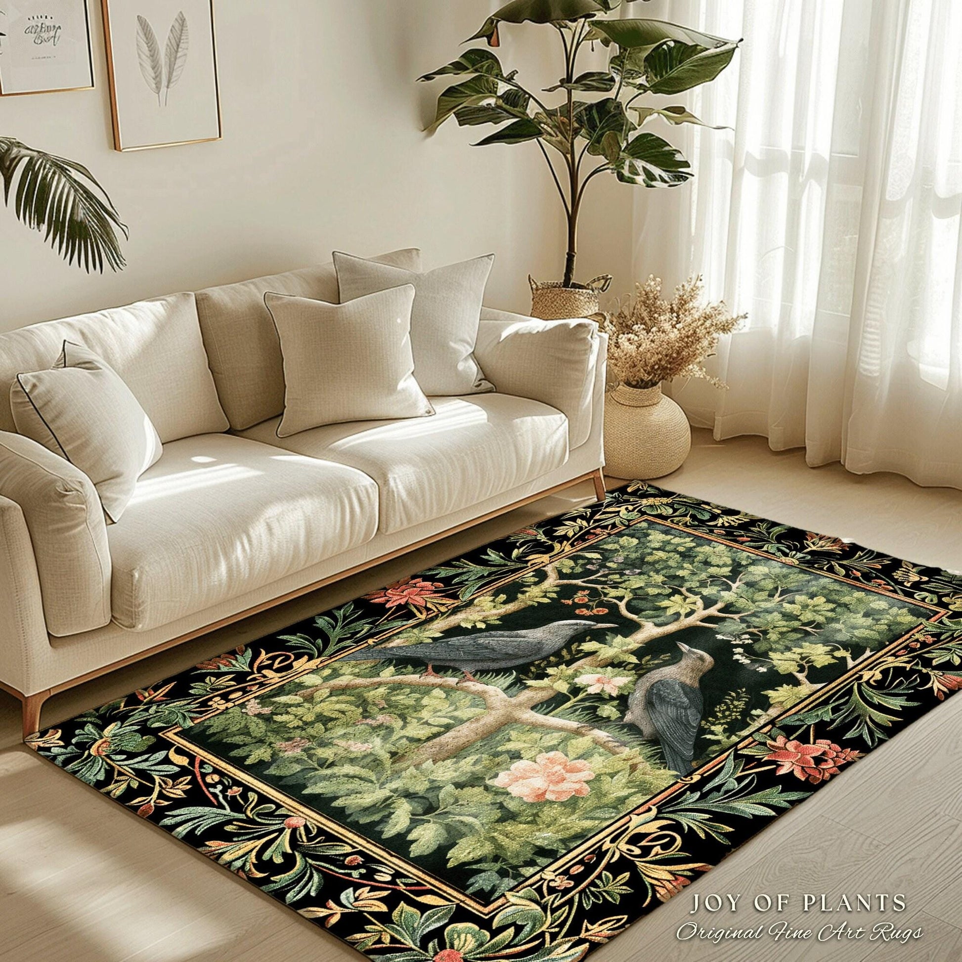 Woodland Forest Round Crow Rug, Eclectic Bedroom Decor Morris Inspired Cottagecore Room Soft Academia Style Rug Mystical Forest Crowcore Art