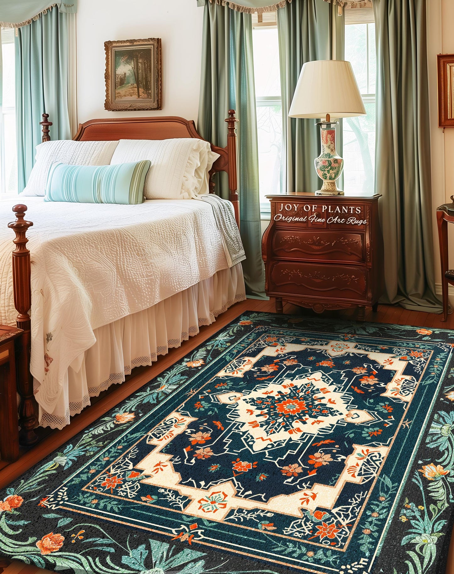 Teal and Orange Ornate Area Rug | Bohemian Room Decor Hippie Aesthetic Multicolor Floor Rug Playful Bedroom Accent Rug Nordic Pastel Style |