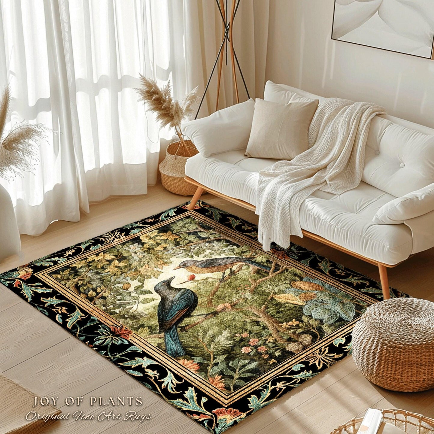 Crowcore Forest Round Raven Rug Bedroom Decor Morris Inspired Victorian Room Dark Academia Style, Mystical Woodland Birds Cottagecore Accent