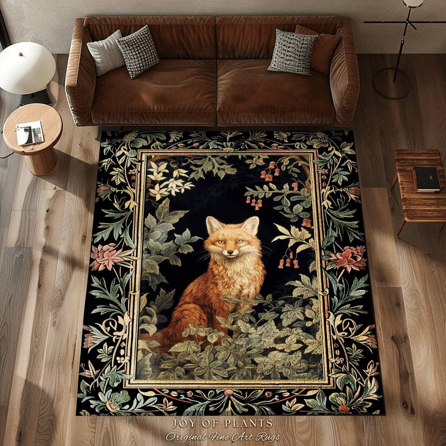 Woodland Whimsical Round Fox Rug Botanical Nature Bedroom Decor Morris Inspired Cottagecore, Soft Forestcore Dark Academia Folklore Fox Rug