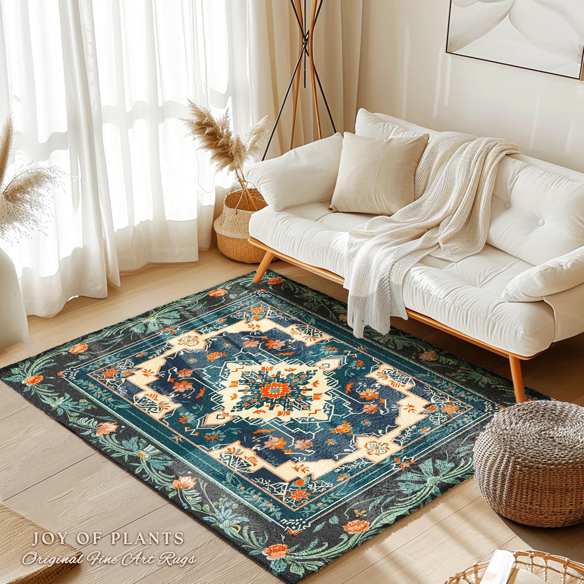Teal and Orange Ornate Area Rug | Bohemian Room Decor Hippie Aesthetic Multicolor Floor Rug Playful Bedroom Accent Rug Nordic Pastel Style |