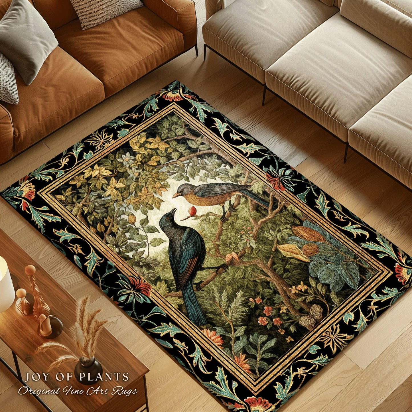 Crowcore Forest Round Raven Rug Bedroom Decor Morris Inspired Victorian Room Dark Academia Style, Mystical Woodland Birds Cottagecore Accent