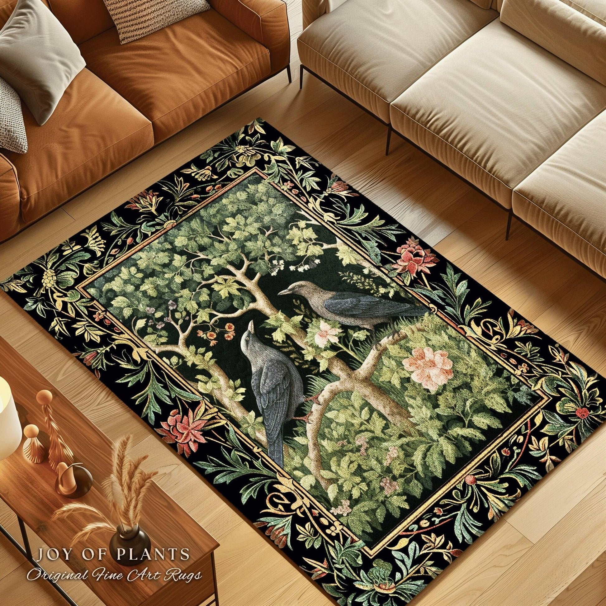 Woodland Forest Round Crow Rug, Eclectic Bedroom Decor Morris Inspired Cottagecore Room Soft Academia Style Rug Mystical Forest Crowcore Art