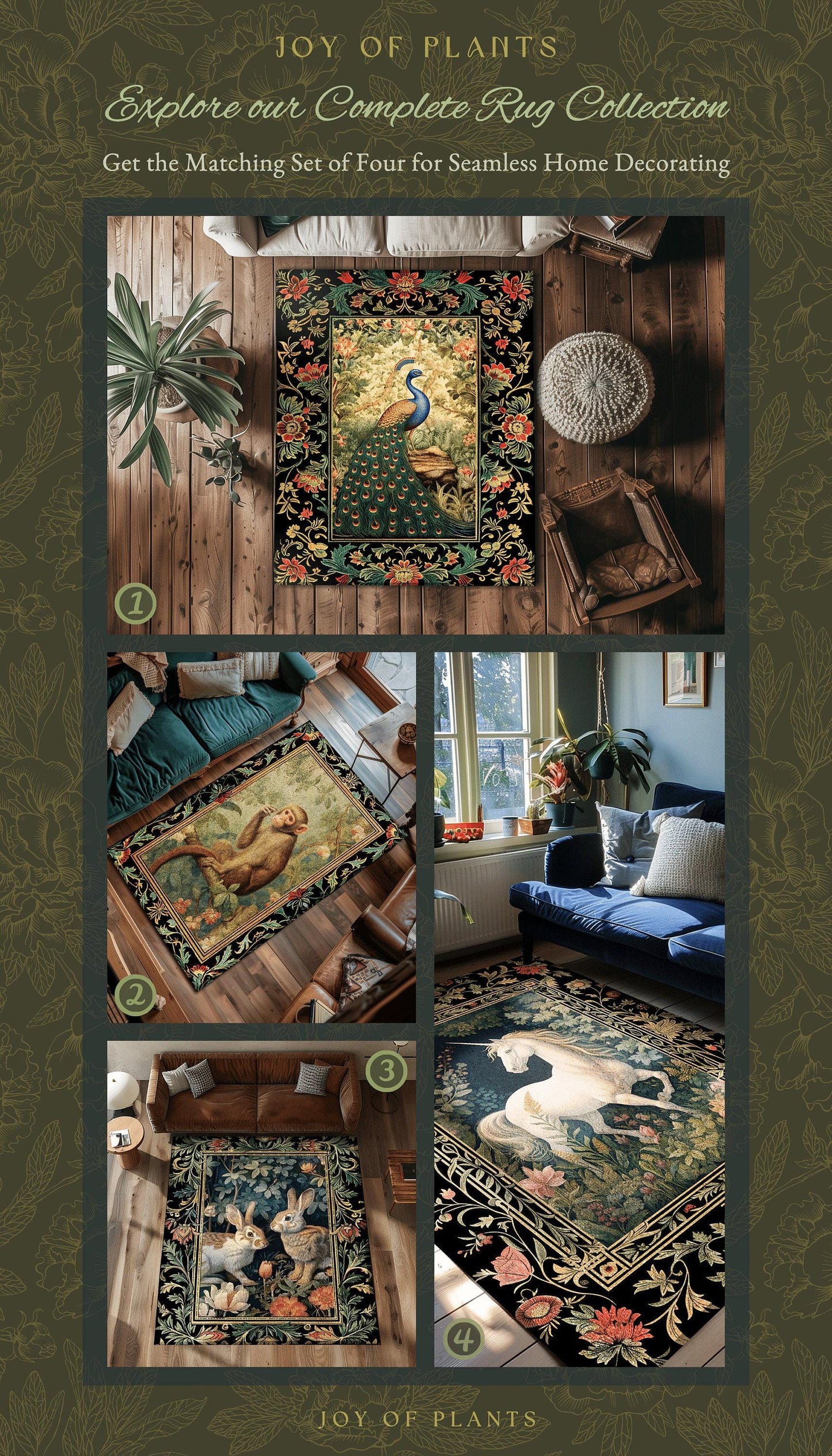 Maximalist Peacock Rug | Botanical Bedroom Decor William Morris Inspired Cottagecore Room Dark Academia Style Rug Mystical Crowcore Art