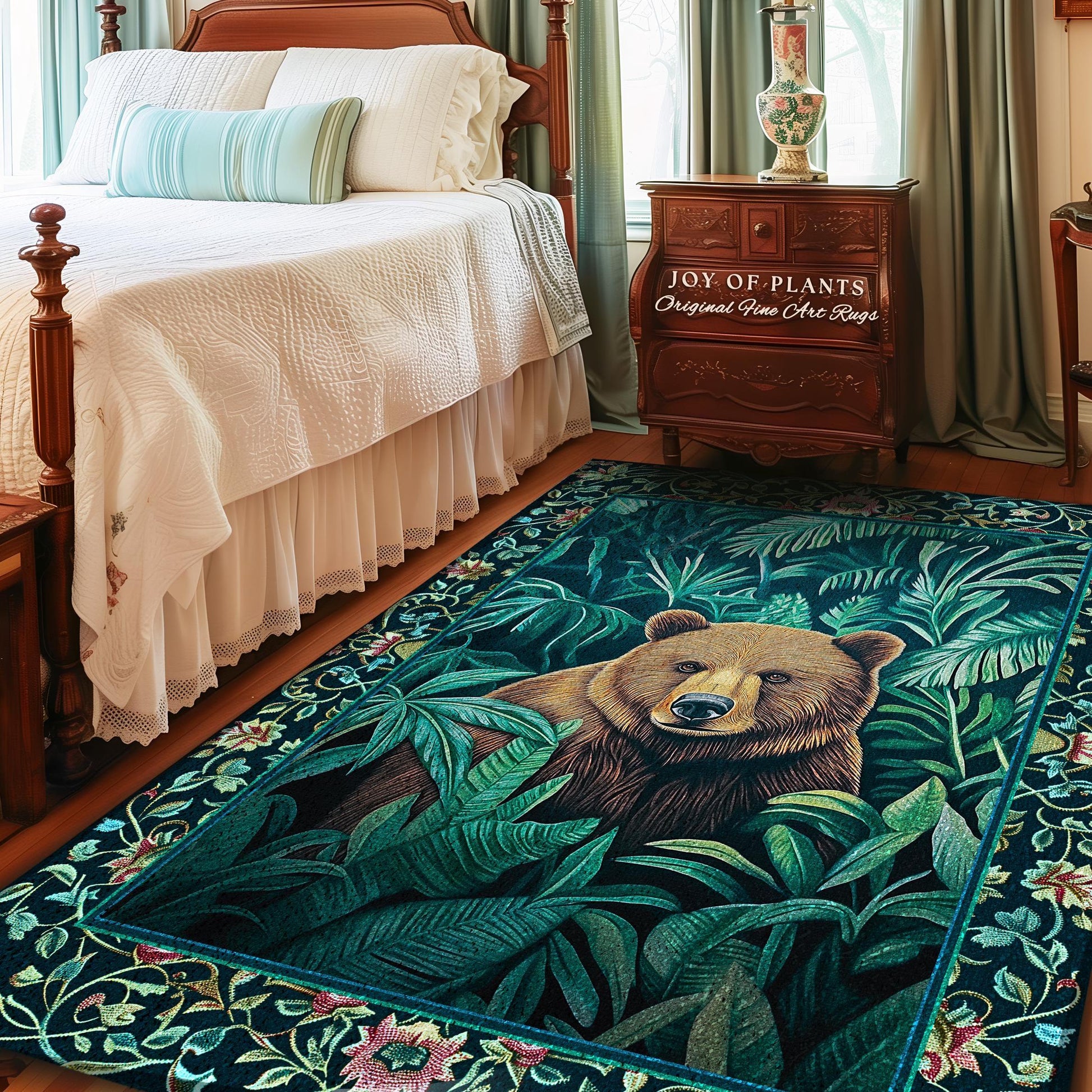 Enchanted Forest Brown Bear Botanical Jungle Art Whimsical Woodland Teal & Emerald Green Forestcore Lush Greenery Retro Eclectic Home Decor