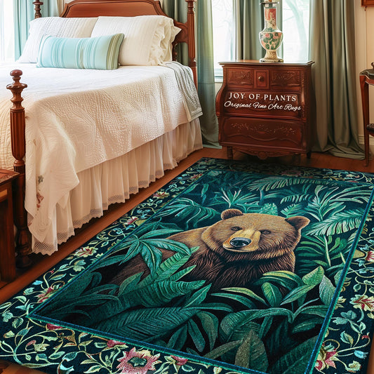 Enchanted Forest Brown Bear Botanical Jungle Art Whimsical Woodland Teal & Emerald Green Forestcore Lush Greenery Retro Eclectic Home Decor